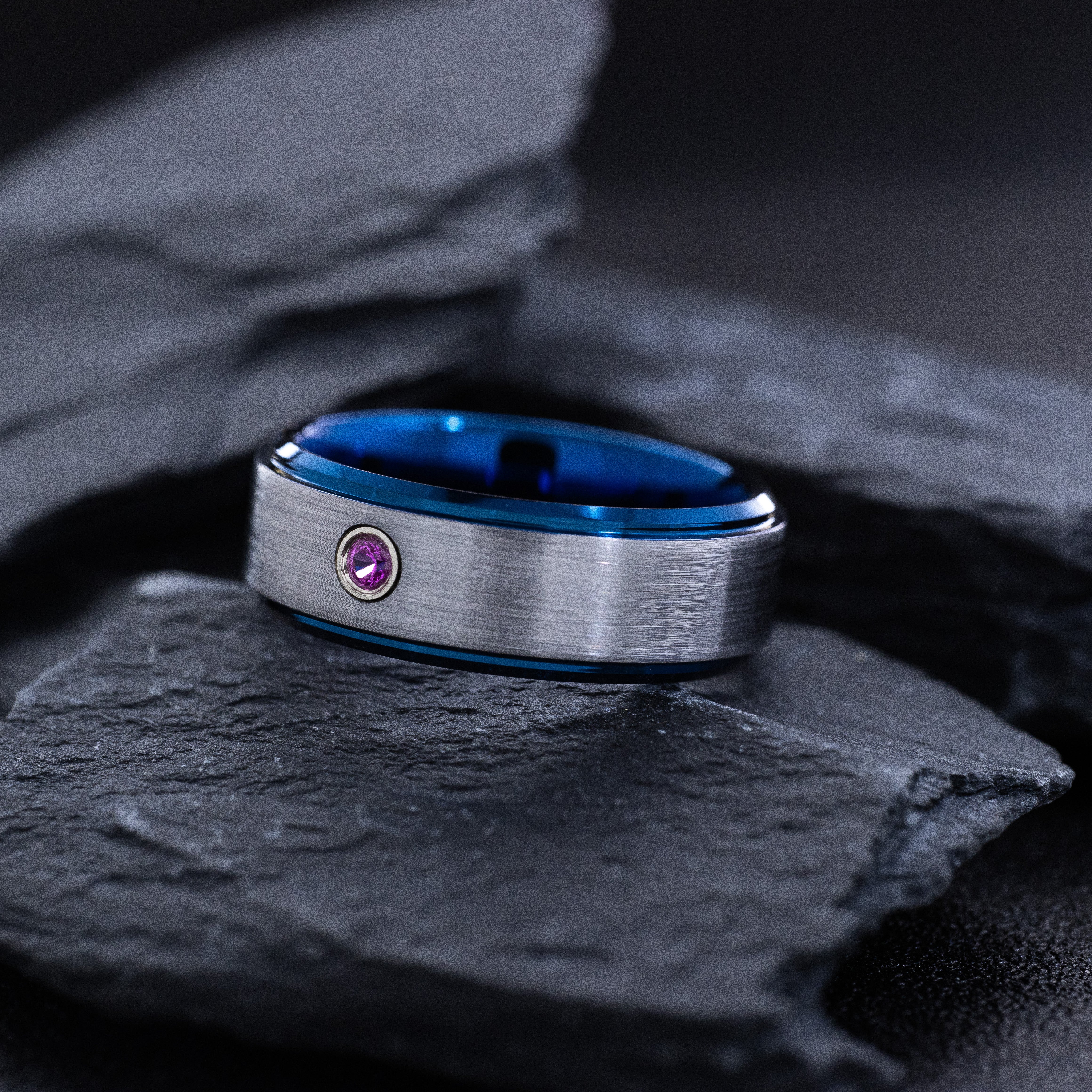 8mm Blue and Silver Tungsten Carbide Ring with Birthstone