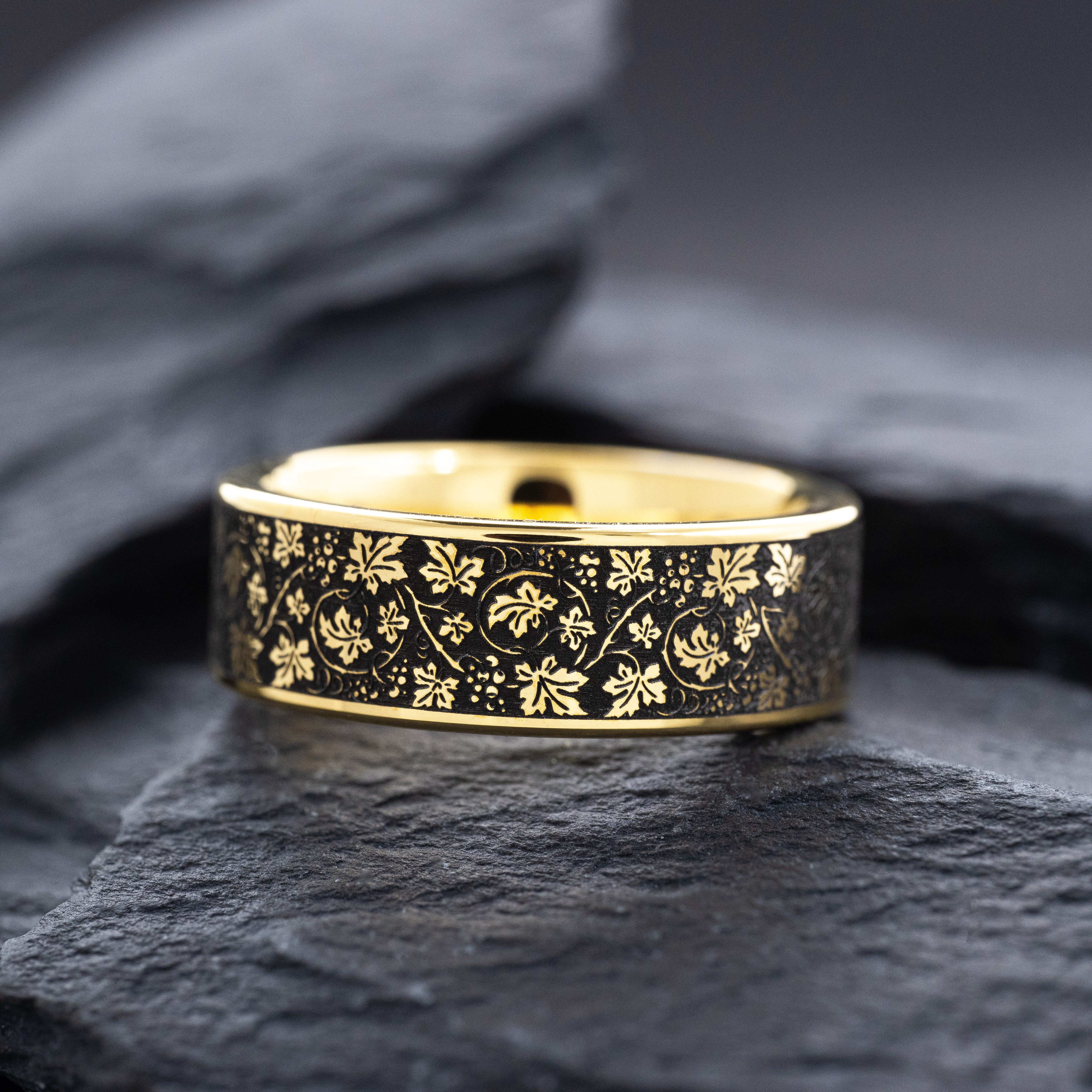 8mm Gold Plated Tungsten Ring with Grape Vine and Floral Engravings