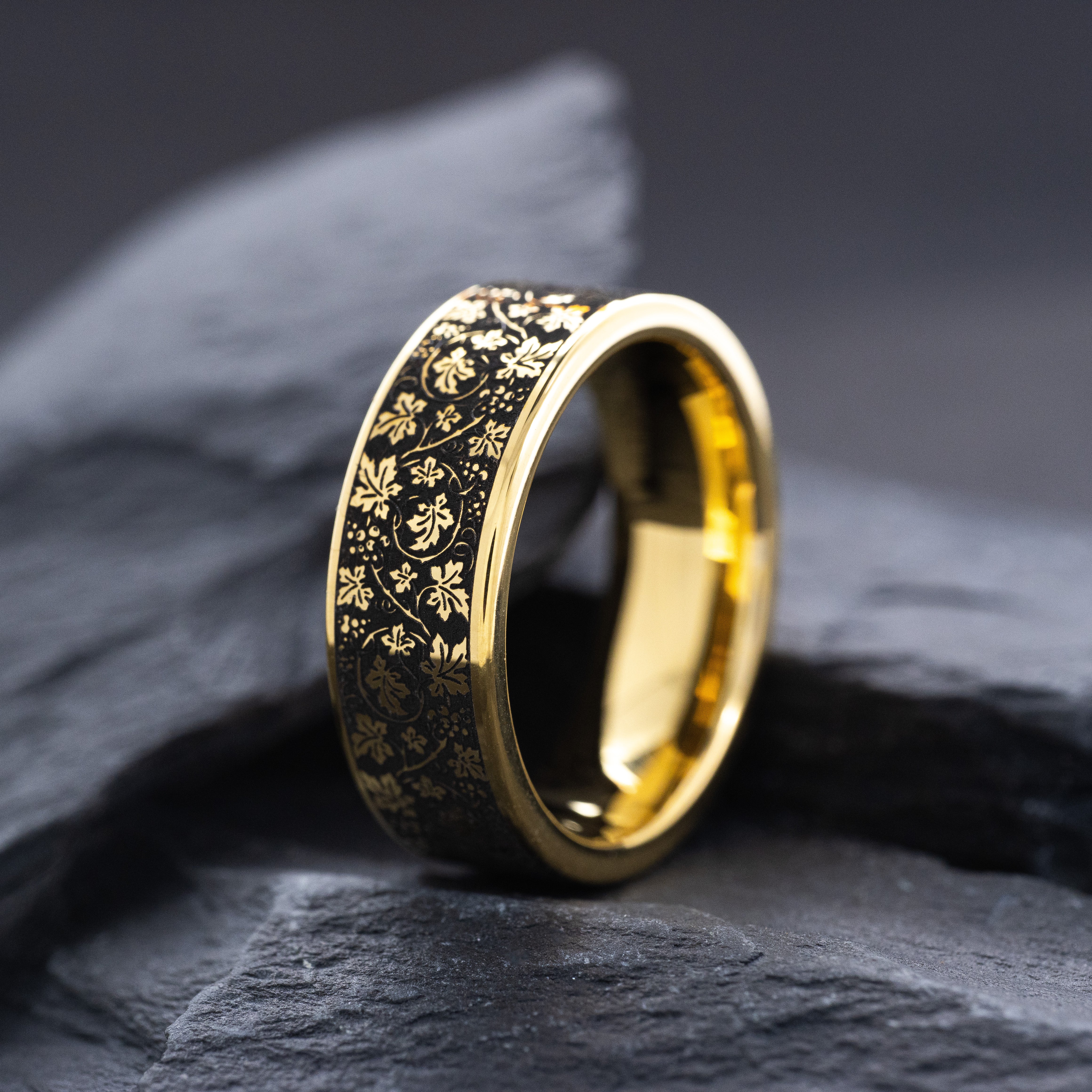 8mm Gold Plated Tungsten Ring with Grape Vine and Floral Engravings