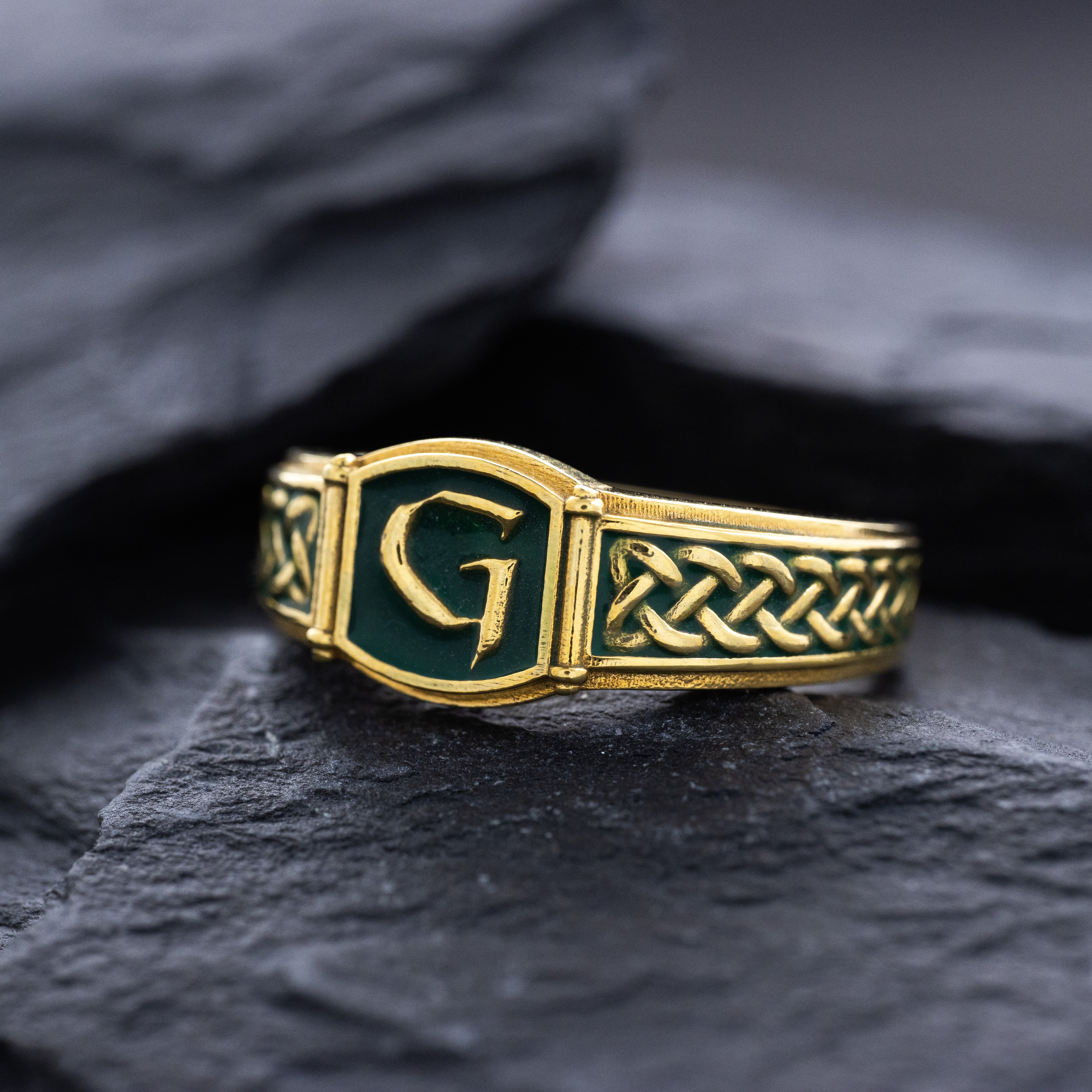 Norse Initial Signet Ring with Enamel, 14k Solid Yellow Gold Signet Ring