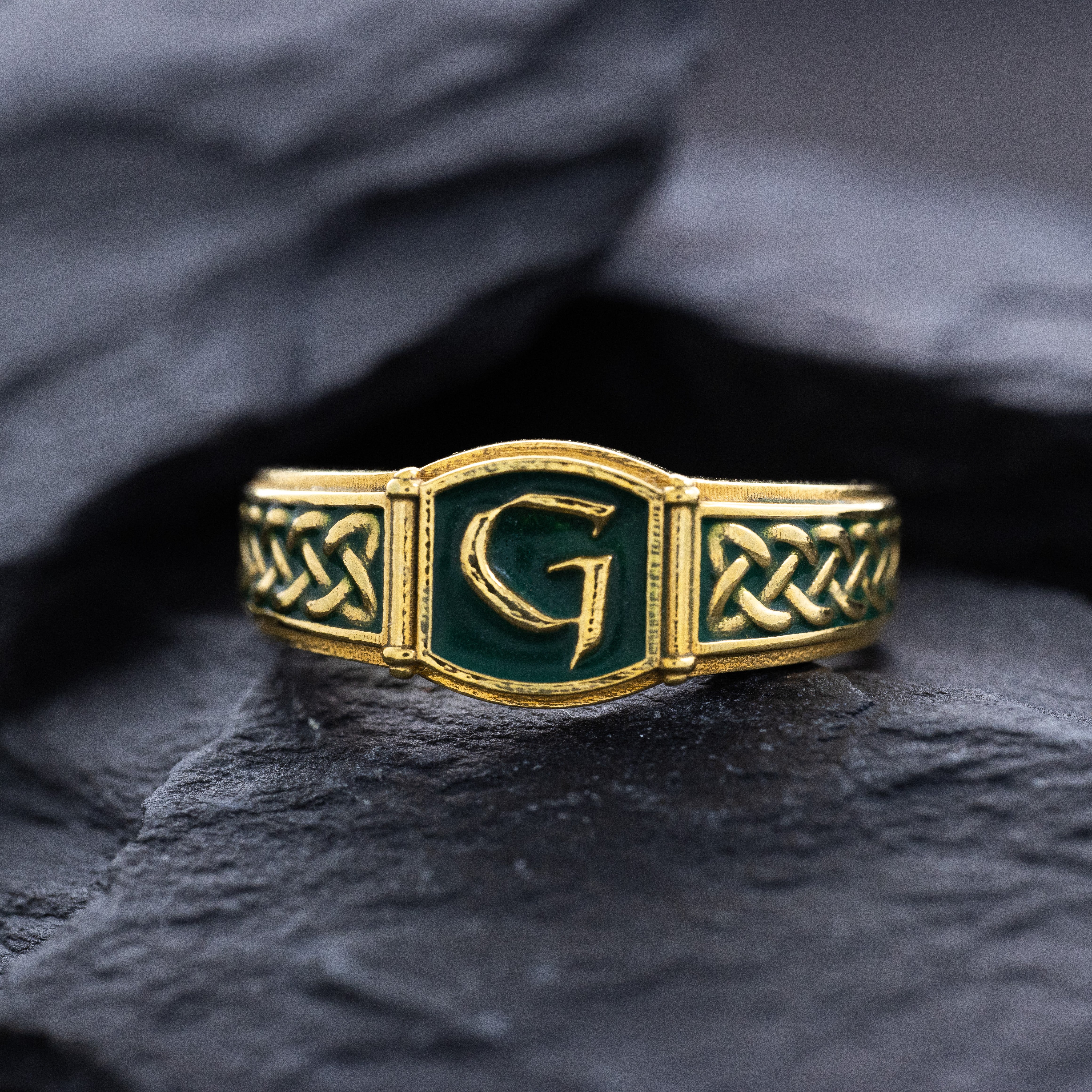 Norse Initial Signet Ring with Enamel, 14k Solid Yellow Gold Signet Ring