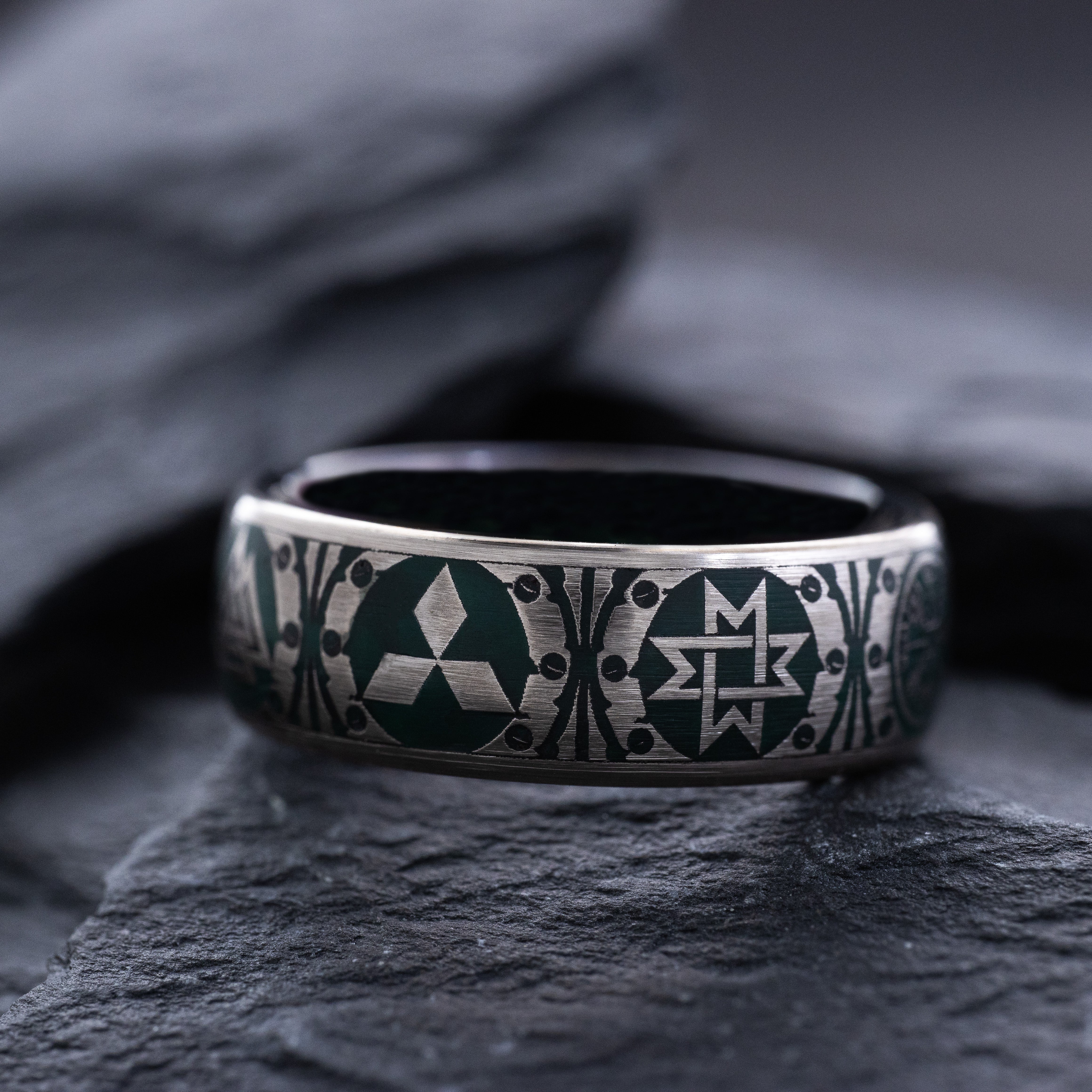8mm Tantalum Ring with Norse Viking Runes and Blue Enamel