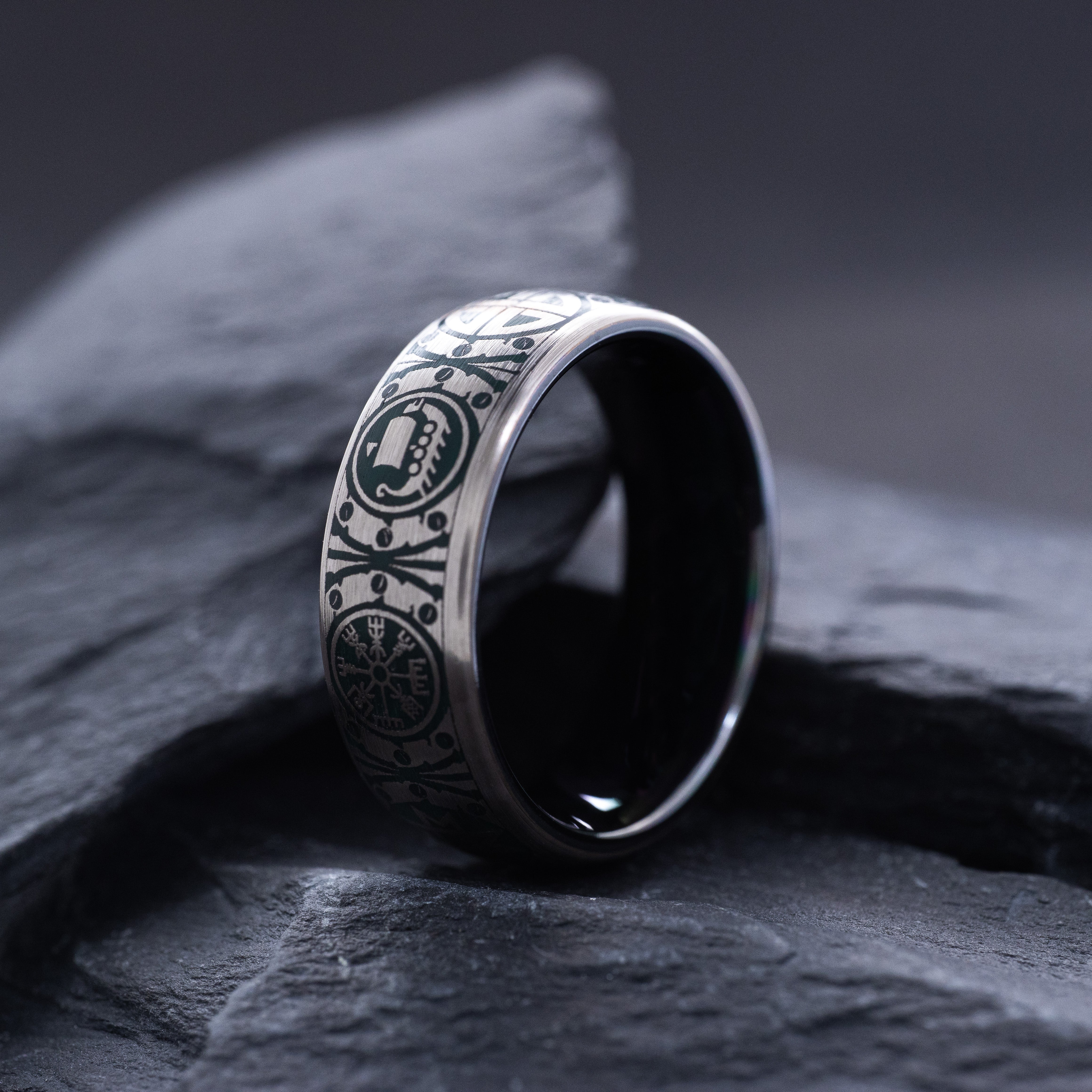 8mm Tantalum Ring with Norse Viking Runes and Blue Enamel