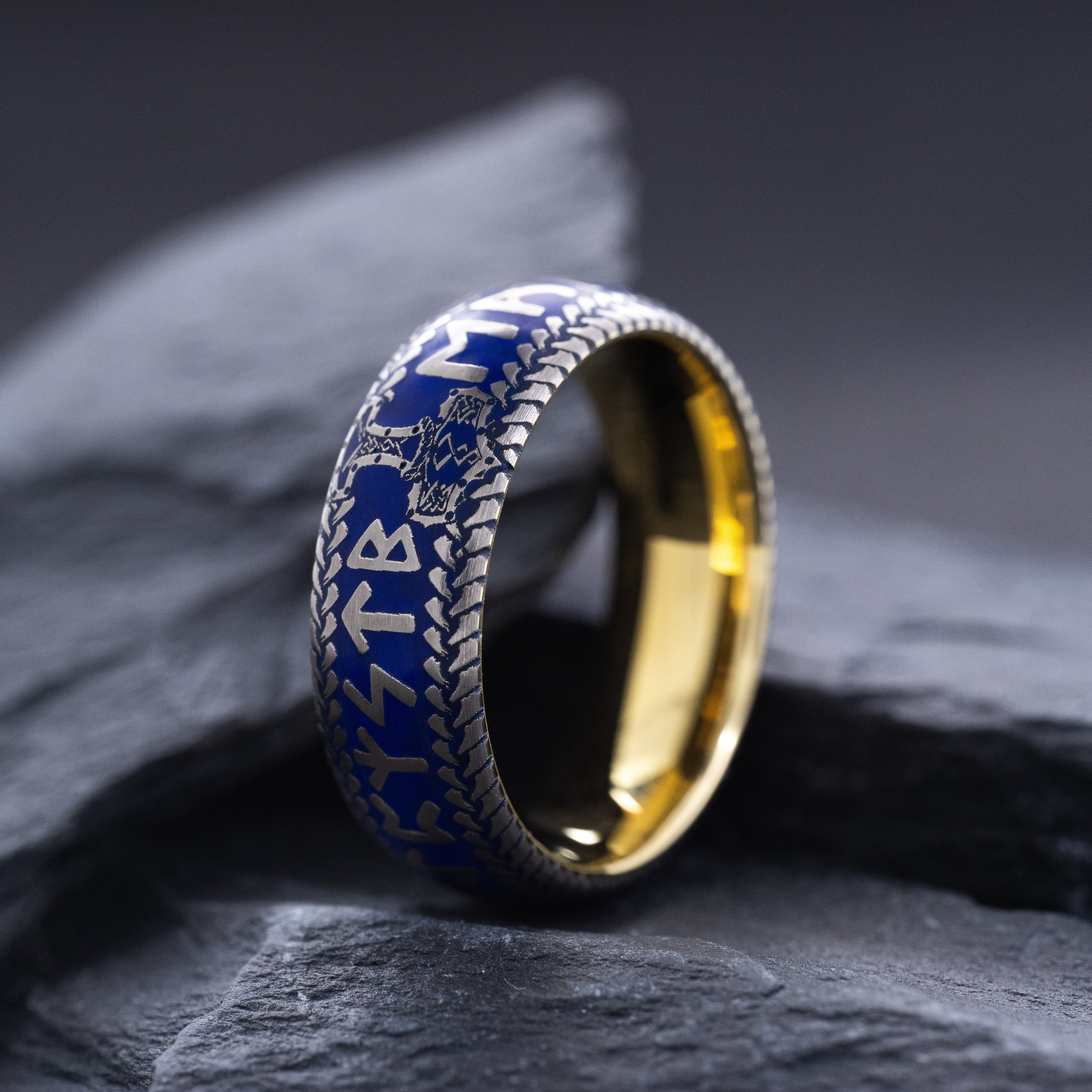 Blue Enamel Viking Norse Tungsten Carbide Ring, 8mm Yellow Gold Plated Band with Thor's Hammer and Nordic Runes Engravings and Custom Enamel