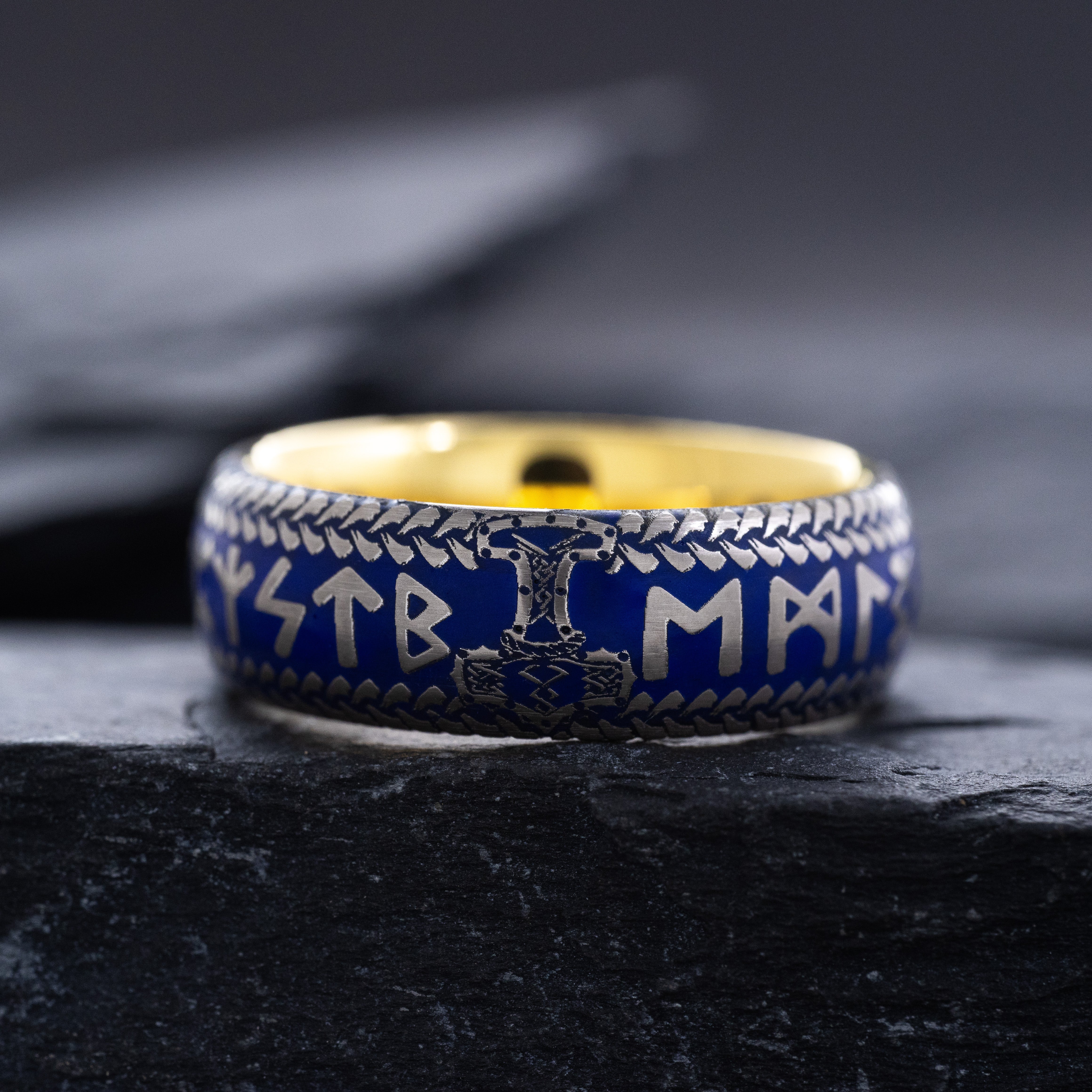 Blue Enamel Viking Norse Tungsten Carbide Ring, 8mm Yellow Gold Plated Band with Thor's Hammer and Nordic Runes Engravings and Custom Enamel