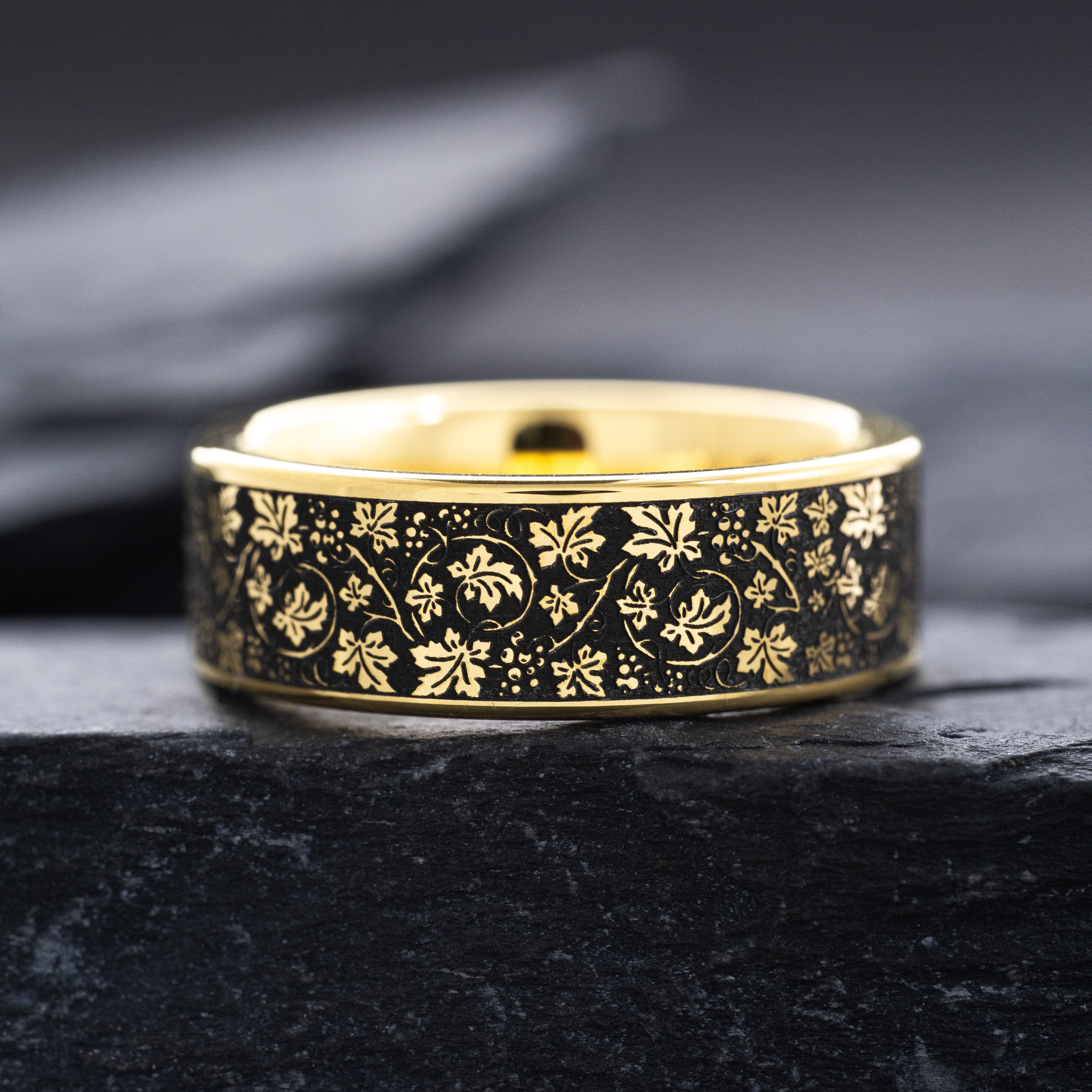8mm Gold Plated Tungsten Ring with Grape Vine and Floral Engravings