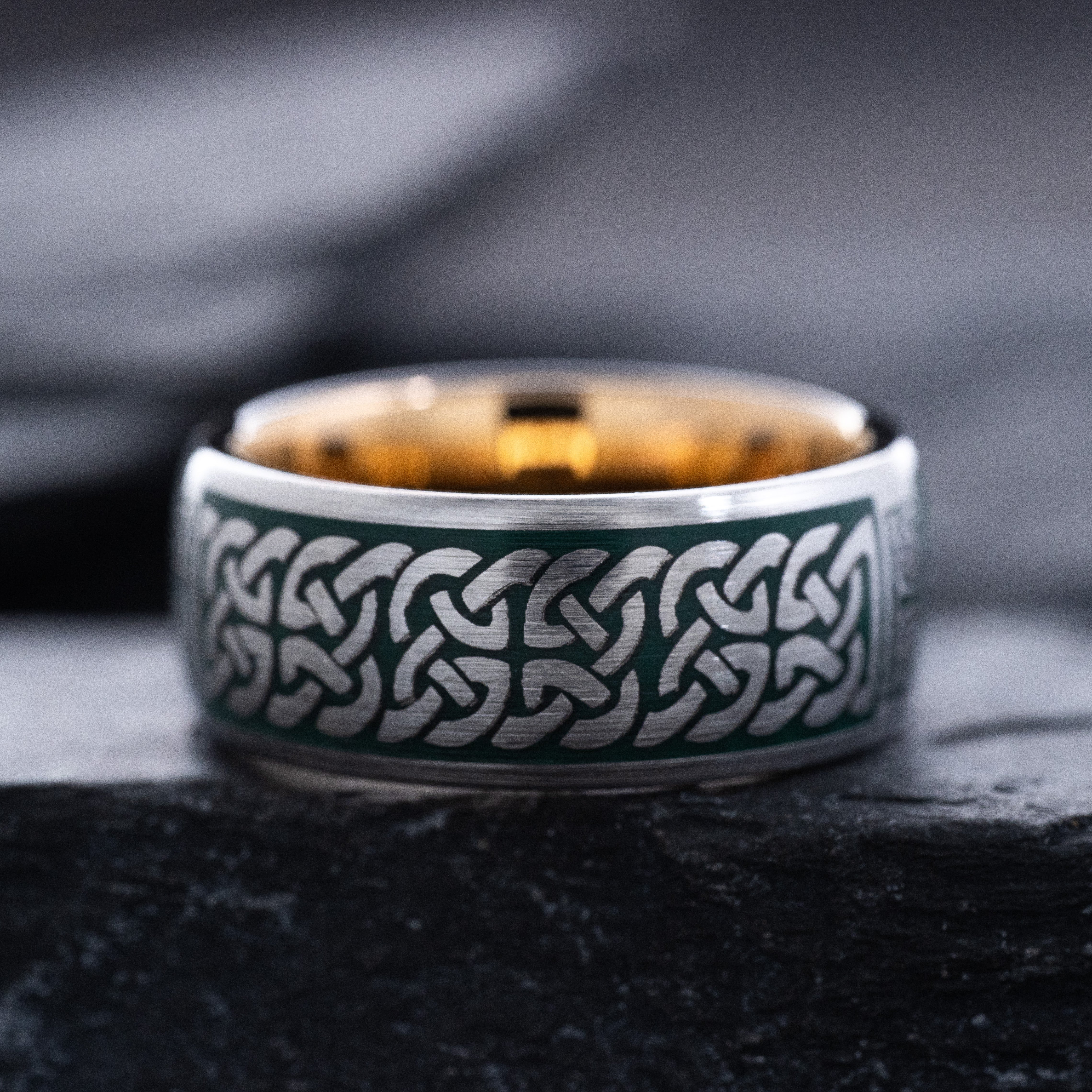 Dark Green Enamel Celtic Tungsten Carbide Ring, 9mm Rose Gold Plated Band with Celtic Cross and Knot Engravings