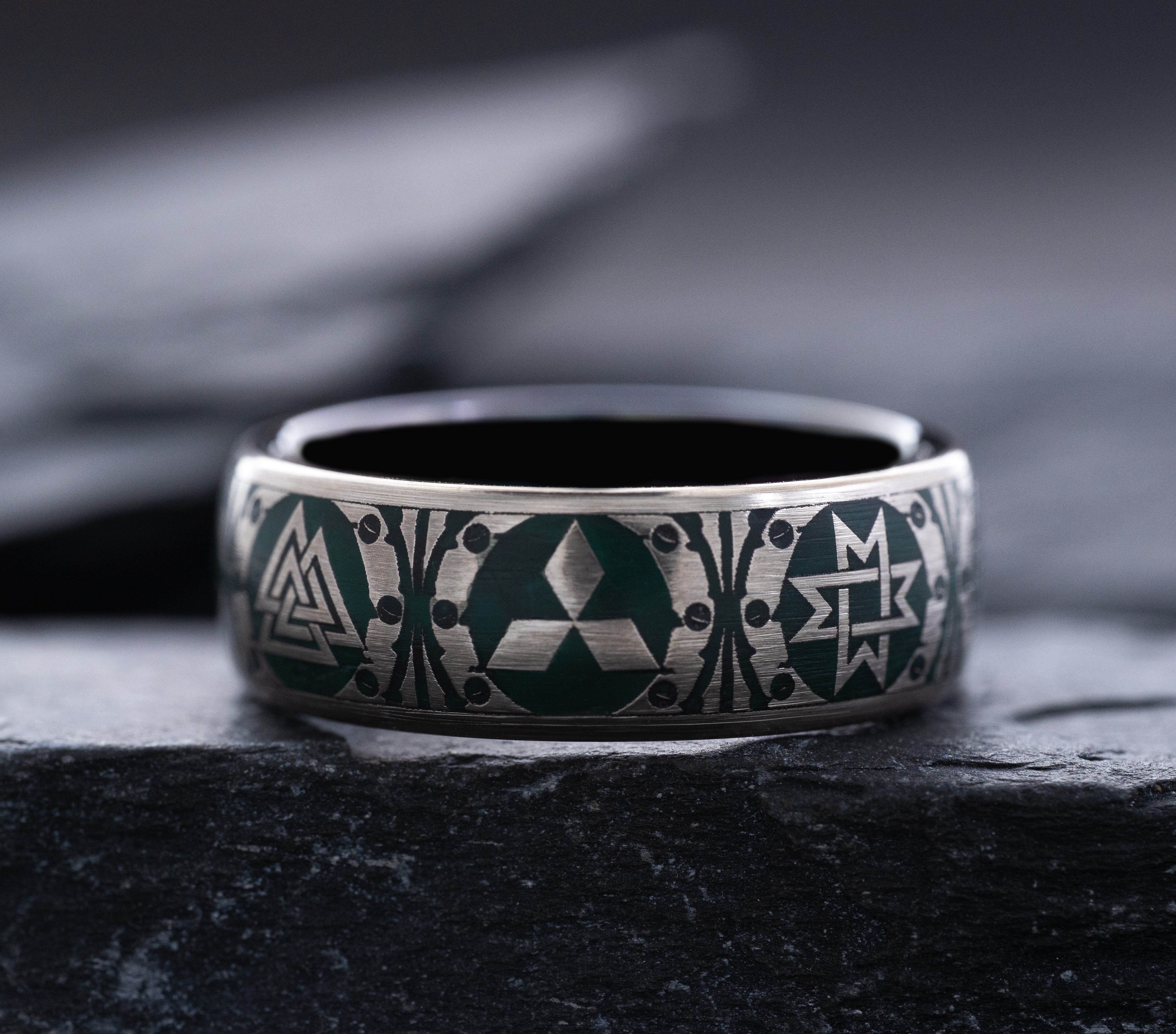 8mm Tantalum Ring with Norse Viking Runes and Blue Enamel