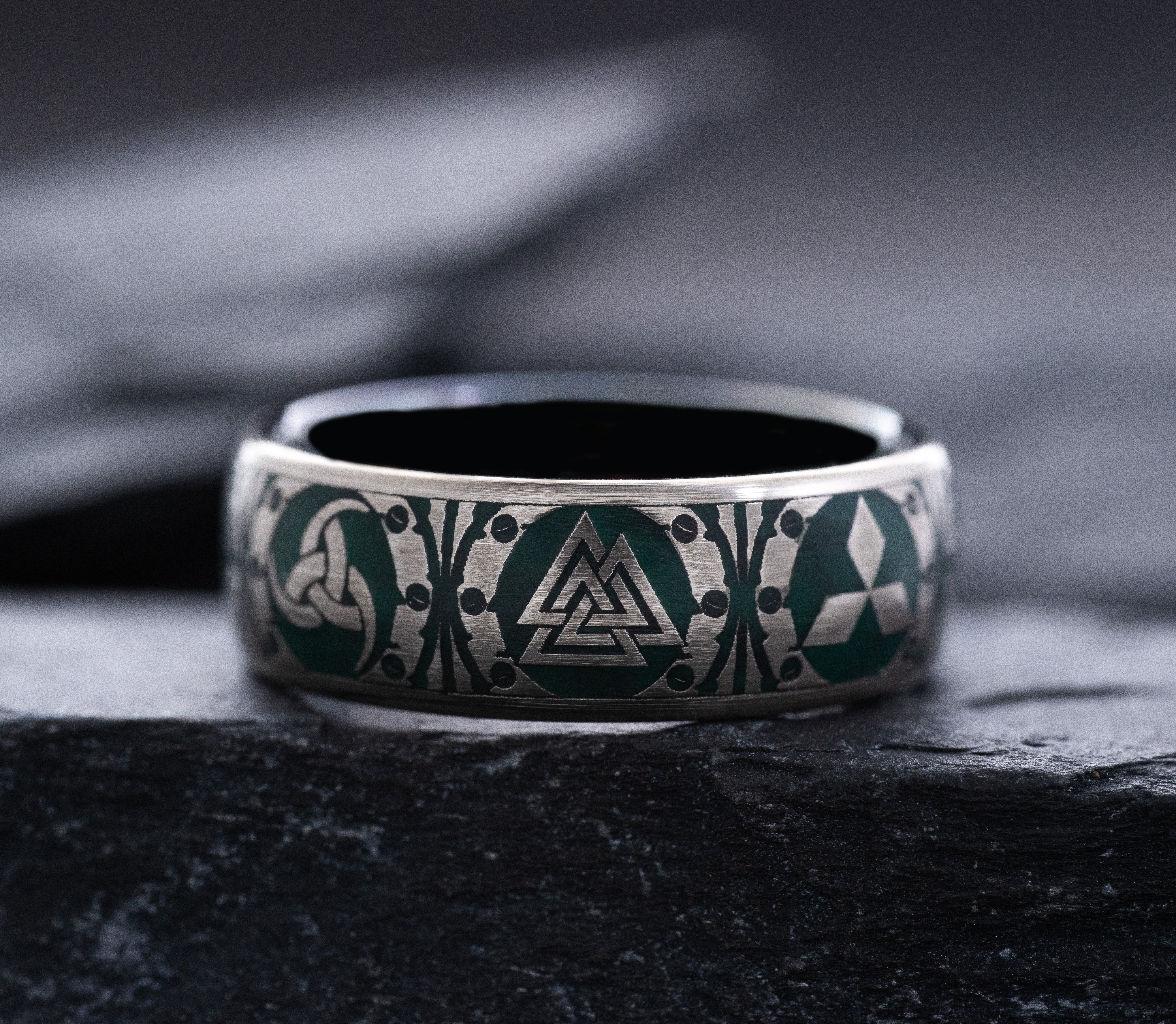 8mm Tantalum Ring with Norse Viking Runes and Blue Enamel