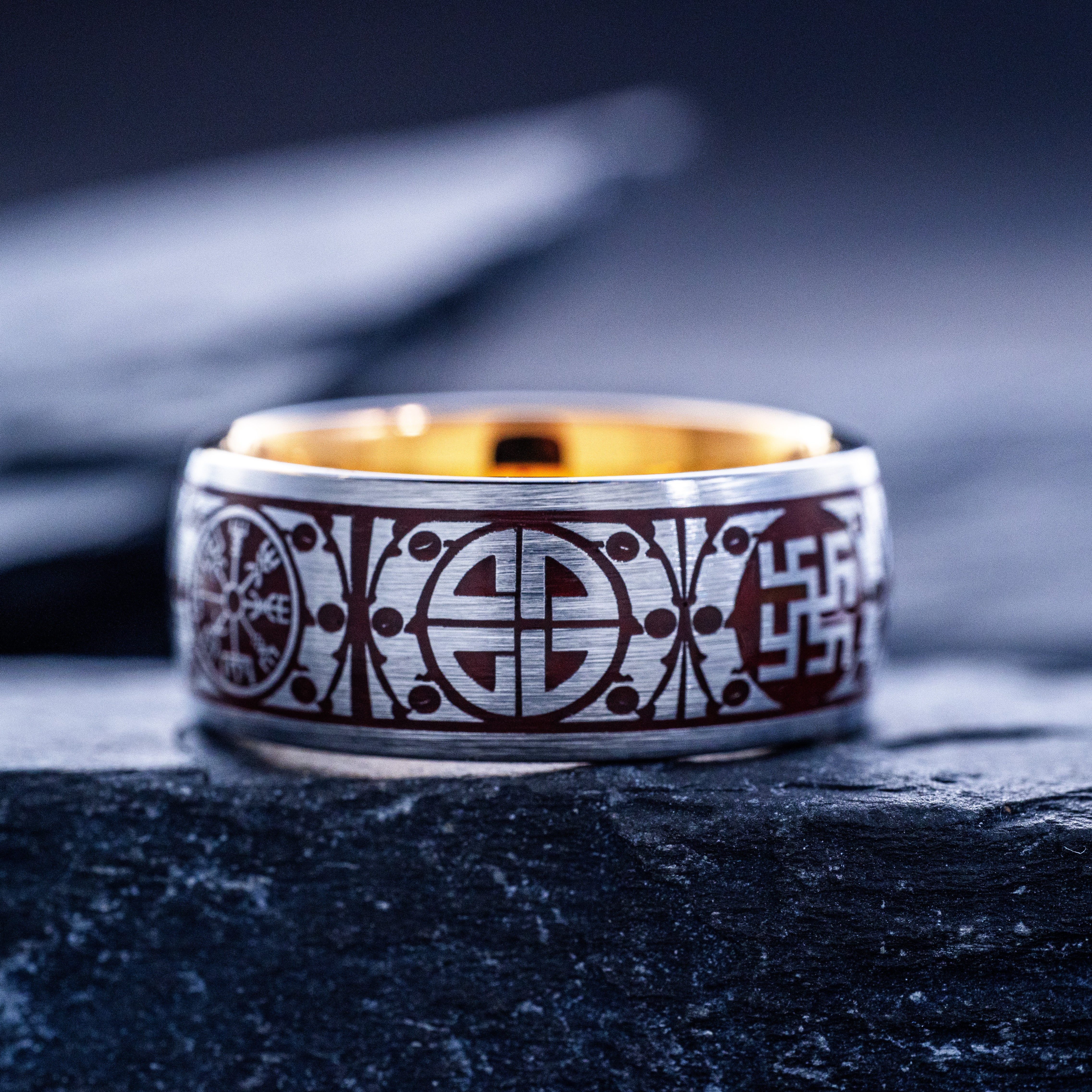 Dark Red Enamel Viking Tungsten Carbide Ring, 9mm Rose Gold Plated Band with Norse Runes and Symbols