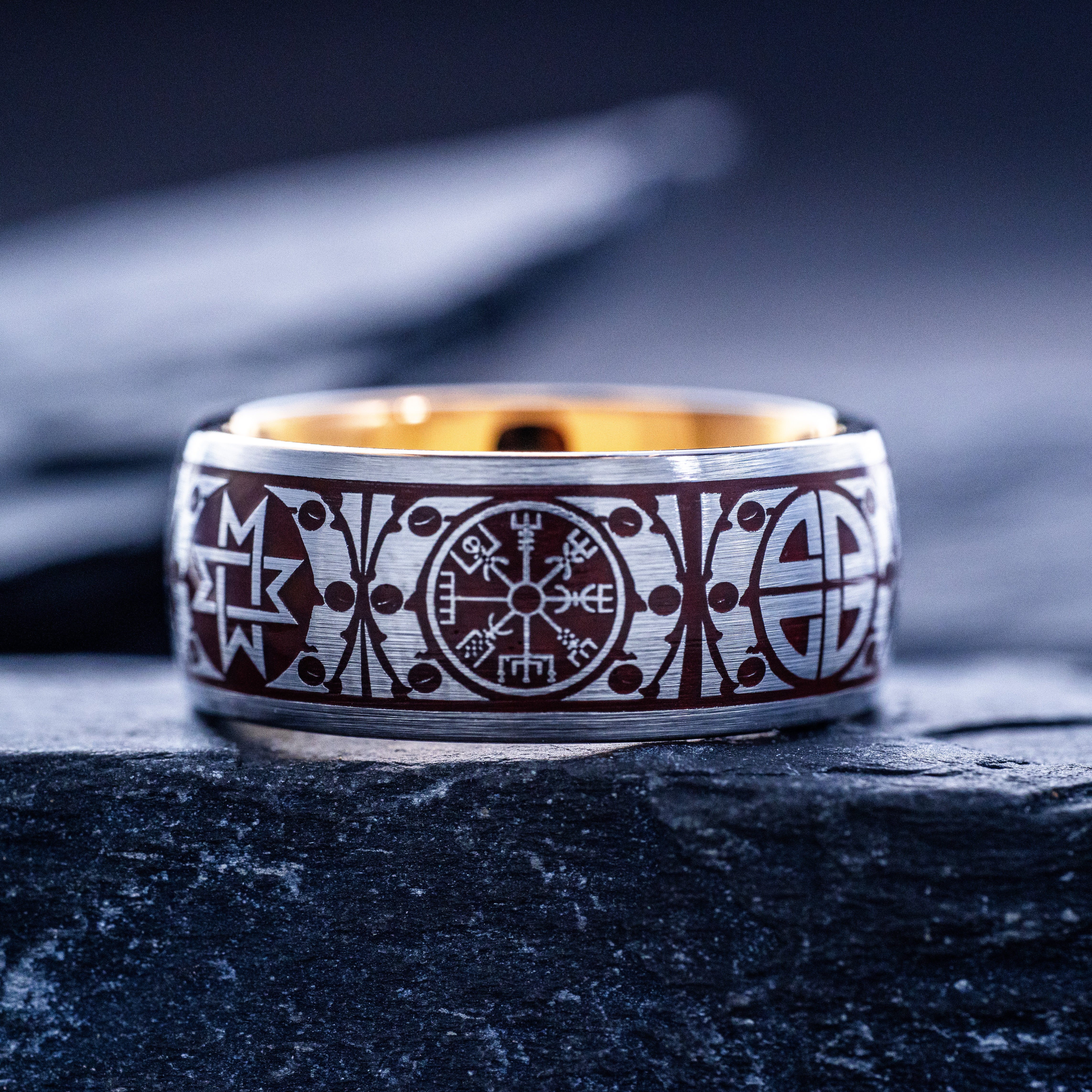 Dark Red Enamel Viking Tungsten Carbide Ring, 9mm Rose Gold Plated Band with Norse Runes and Symbols