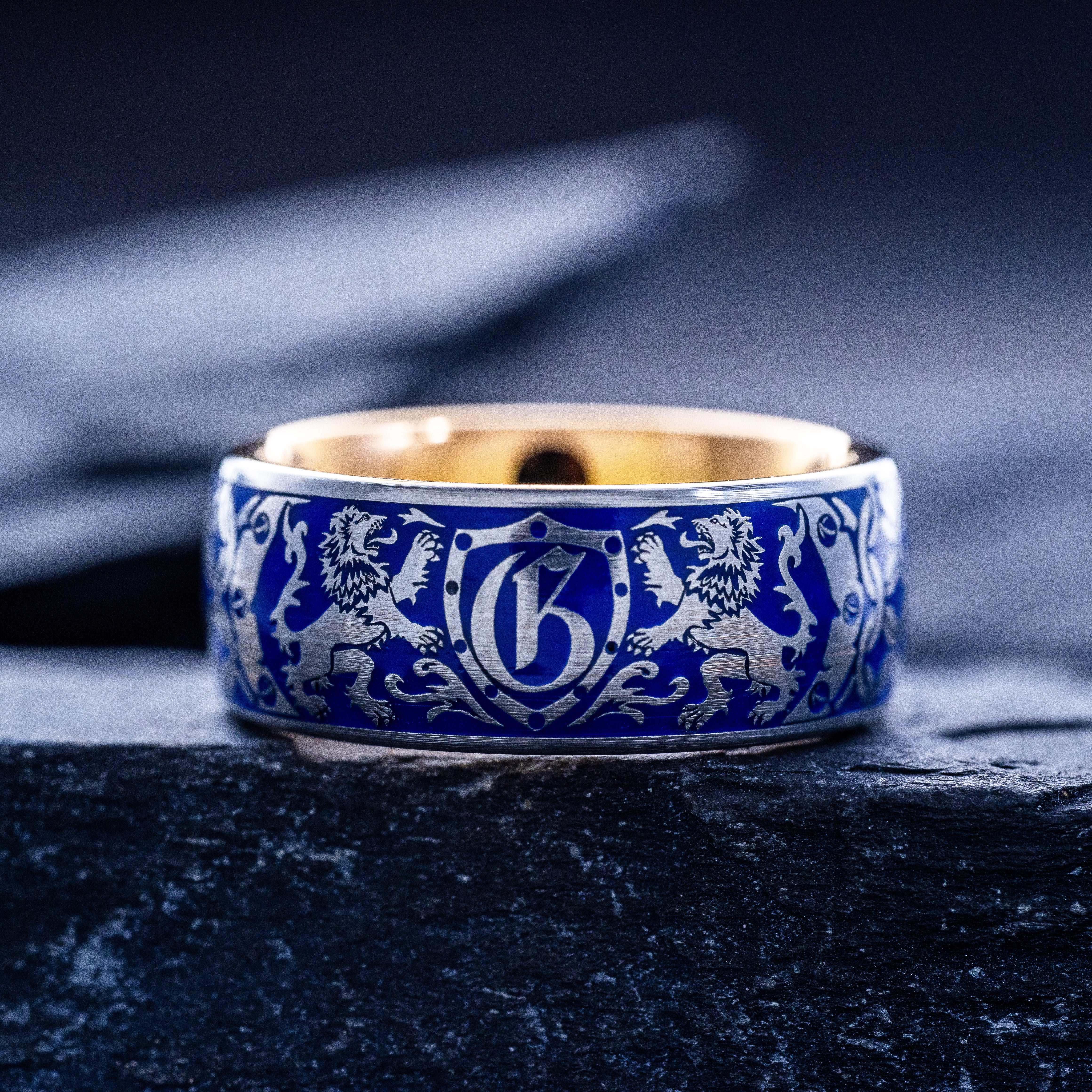 Royal Blue Enamel Medieval Heraldic Initial Ring, 9mm Rose Gold Plated Band with Heraldic Lions and Personalized Initial
