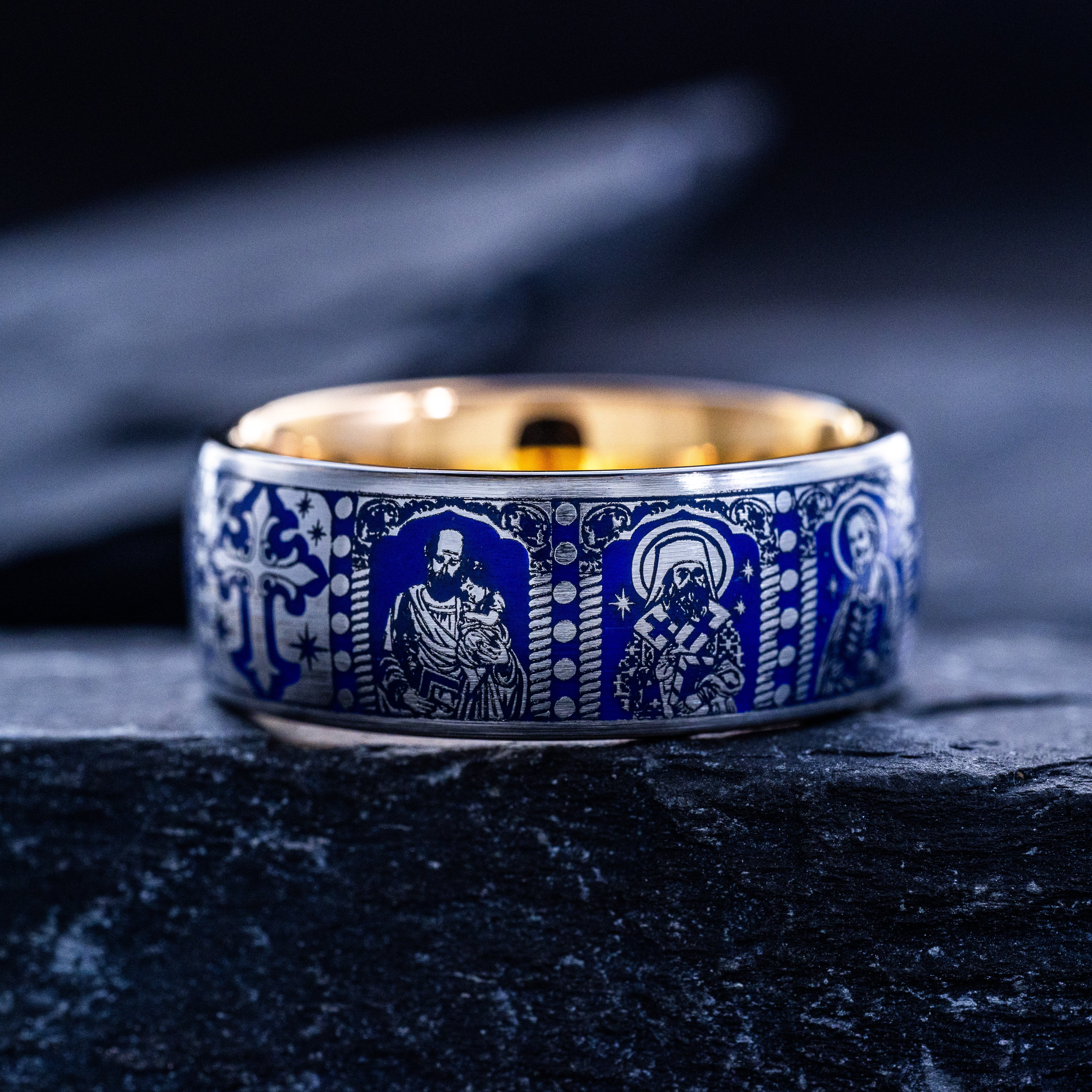 Royal Blue Enamel Christian Saints Ring, 9mm Rose Gold Plated Band with Christ and Several Christian Saints
