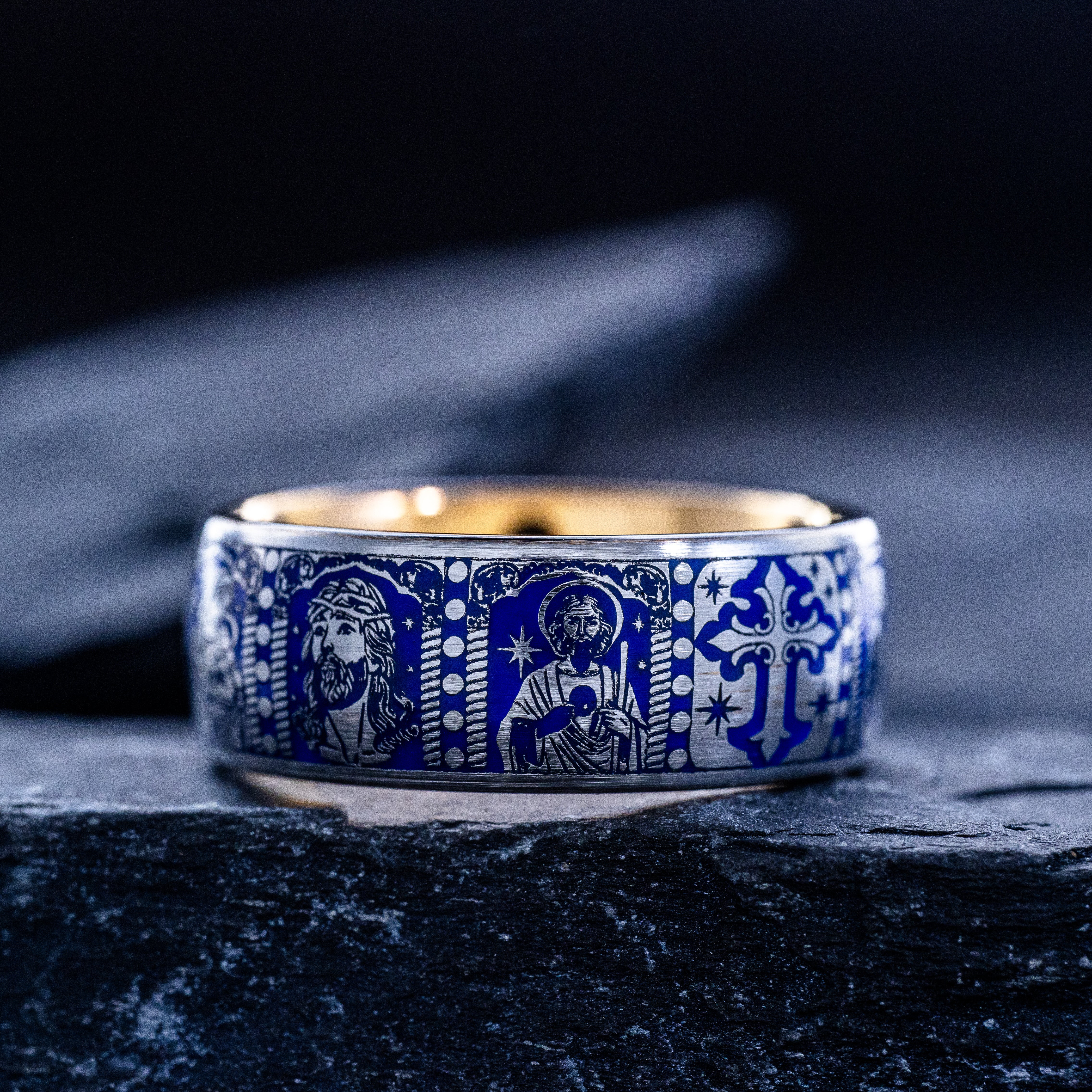 Royal Blue Enamel Christian Saints Ring, 9mm Rose Gold Plated Band with Christ and Several Christian Saints