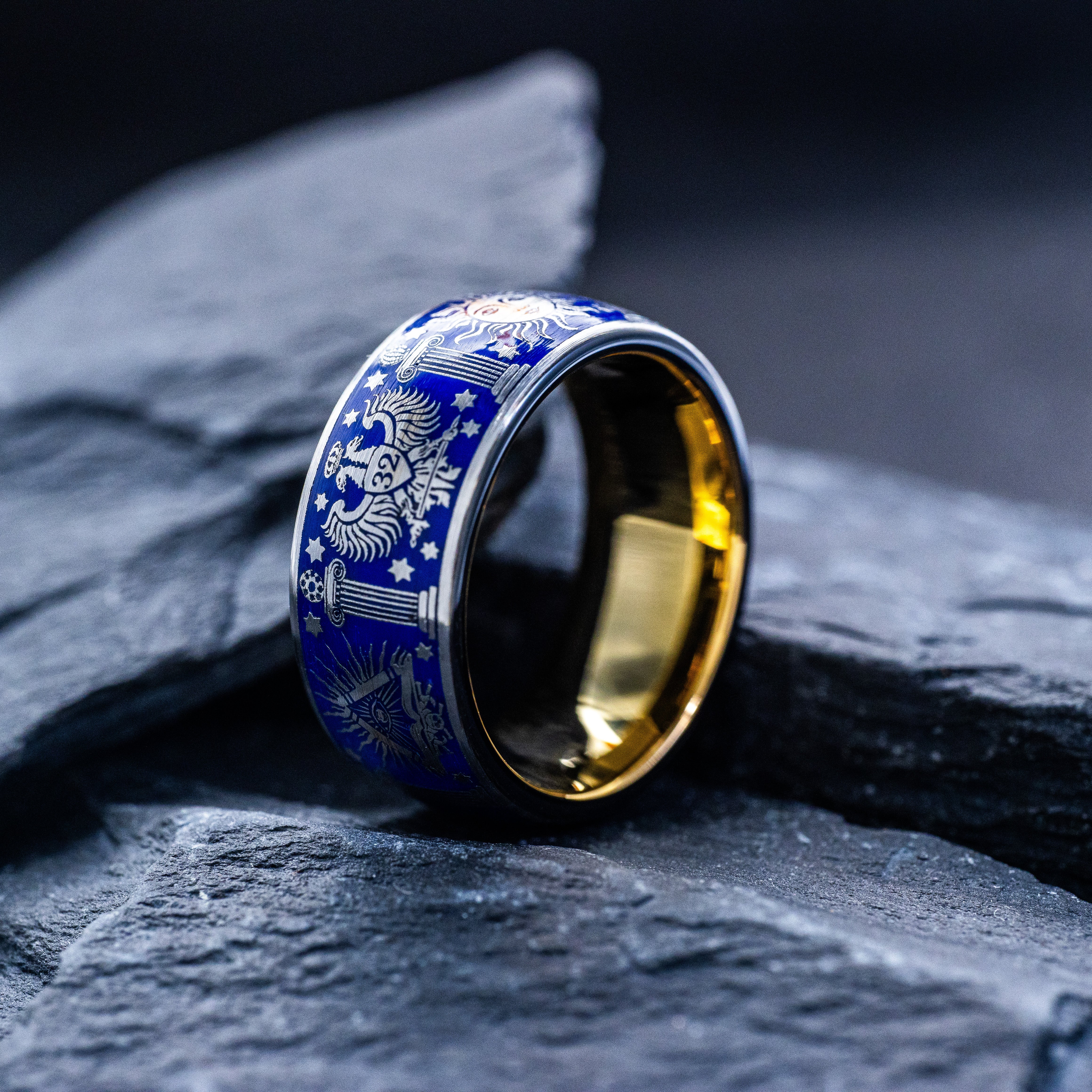 Masonic Tungsten Carbide Ring, 9mm Yellow Gold Plated Band with Masonic Symbols and Blue Enamel