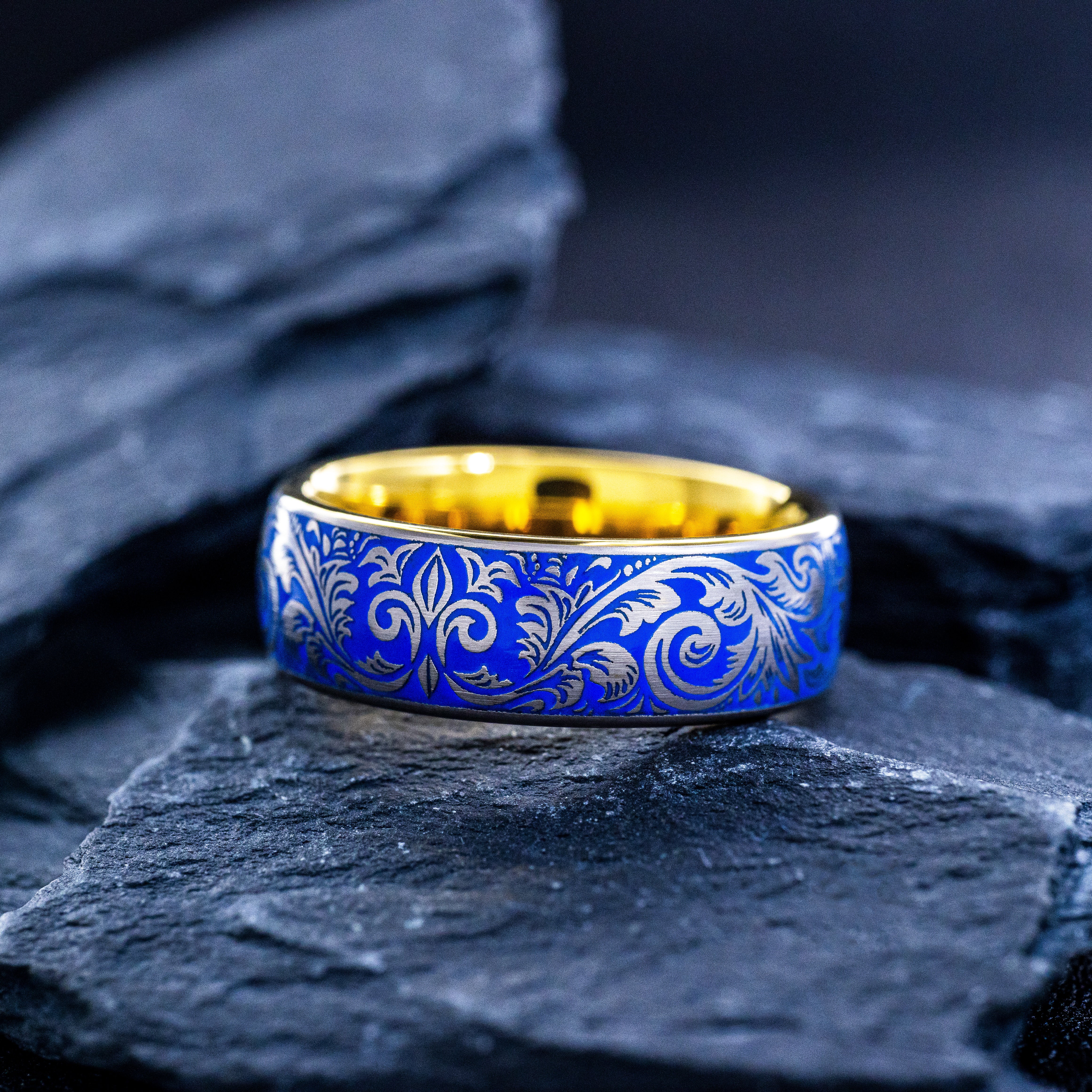 Victorian Fleur De Lis Floral Ring with Blue Enamel, 8mm Tungsten Band with Gold Plating