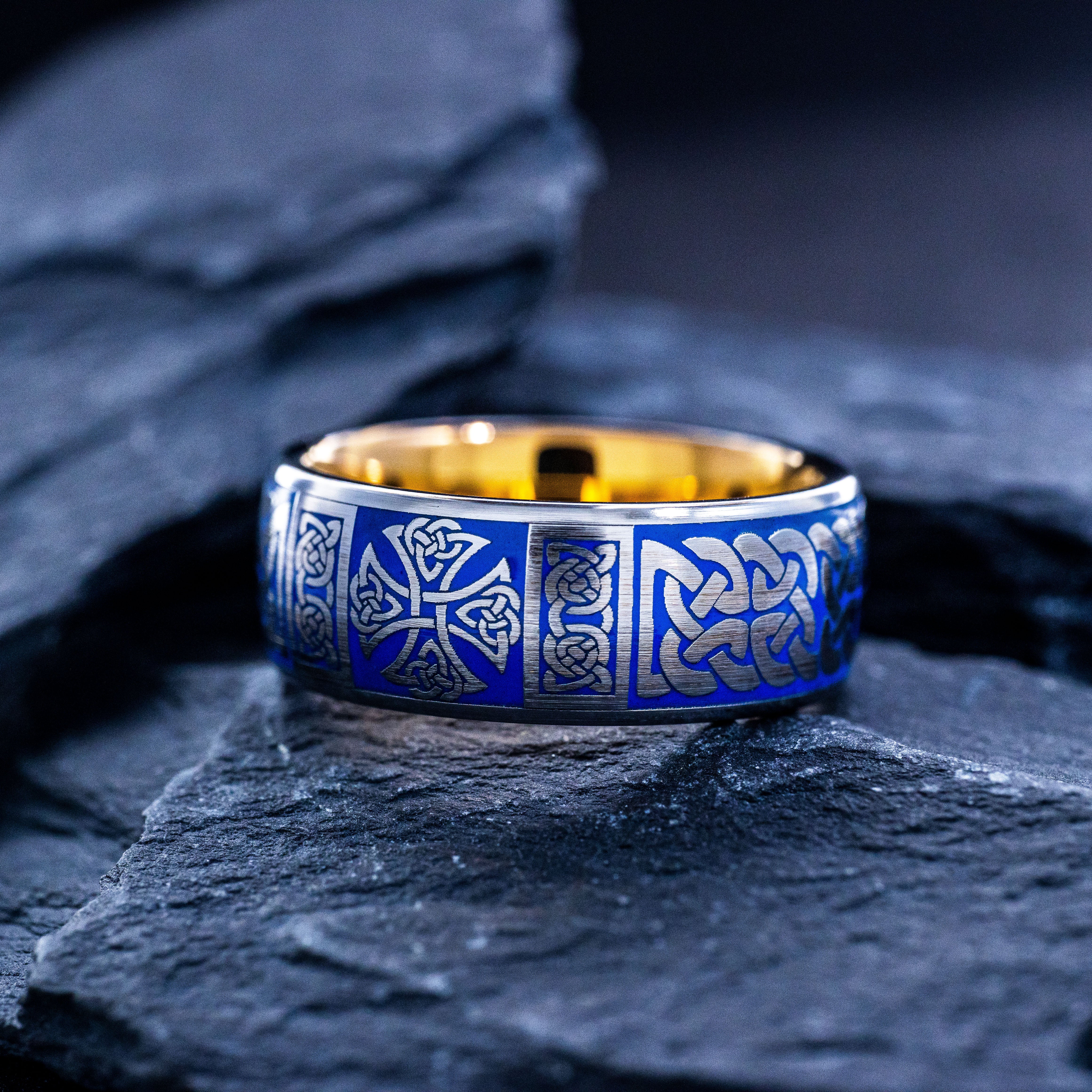 Celtic Cross and Knot Blue Enamel Tungsten Carbide Ring, 9mm Rose Gold Plated Band