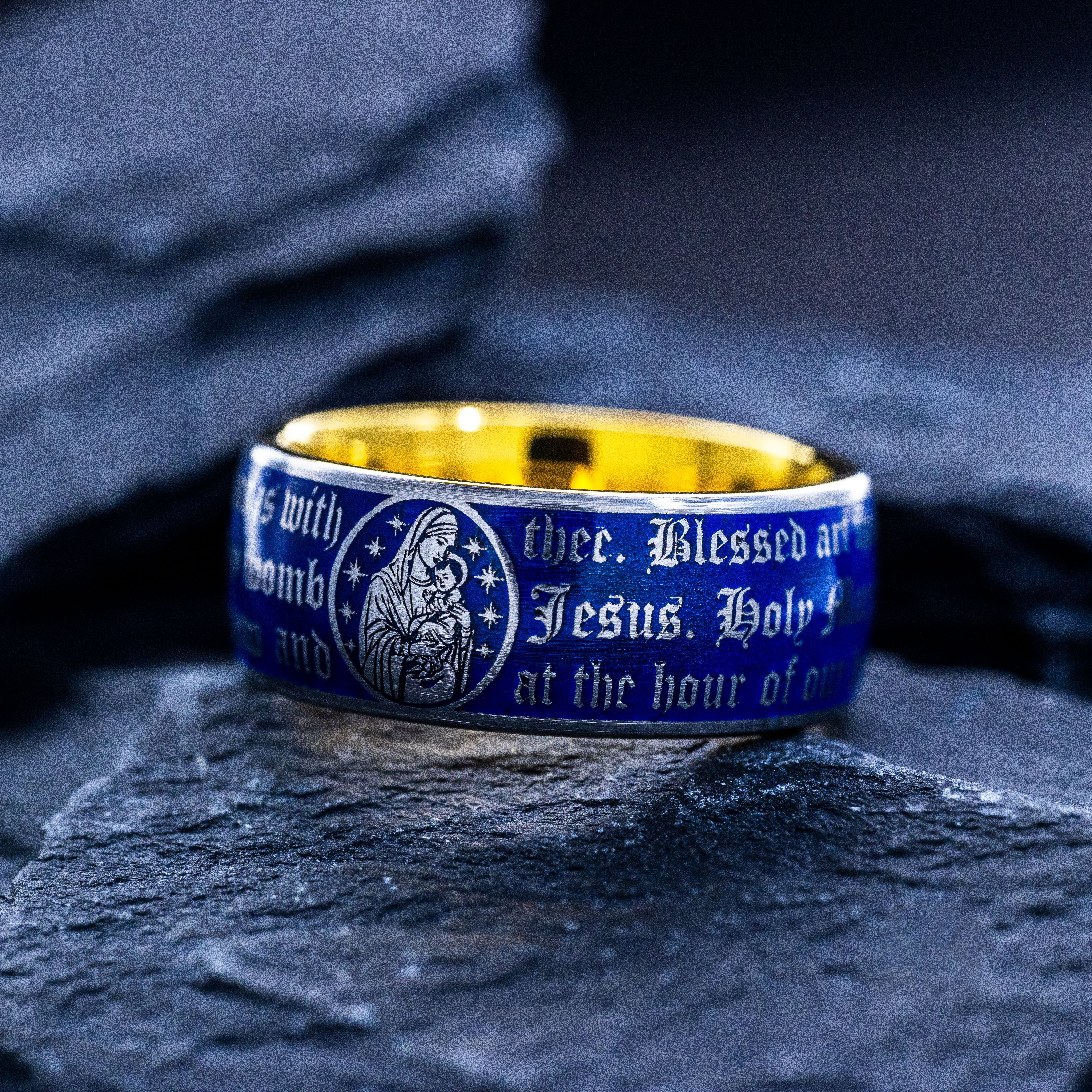 Christian Prayer Blue Enamel Ring, 9mm Yellow Gold Plated Band with the Virgin Mary and Christ