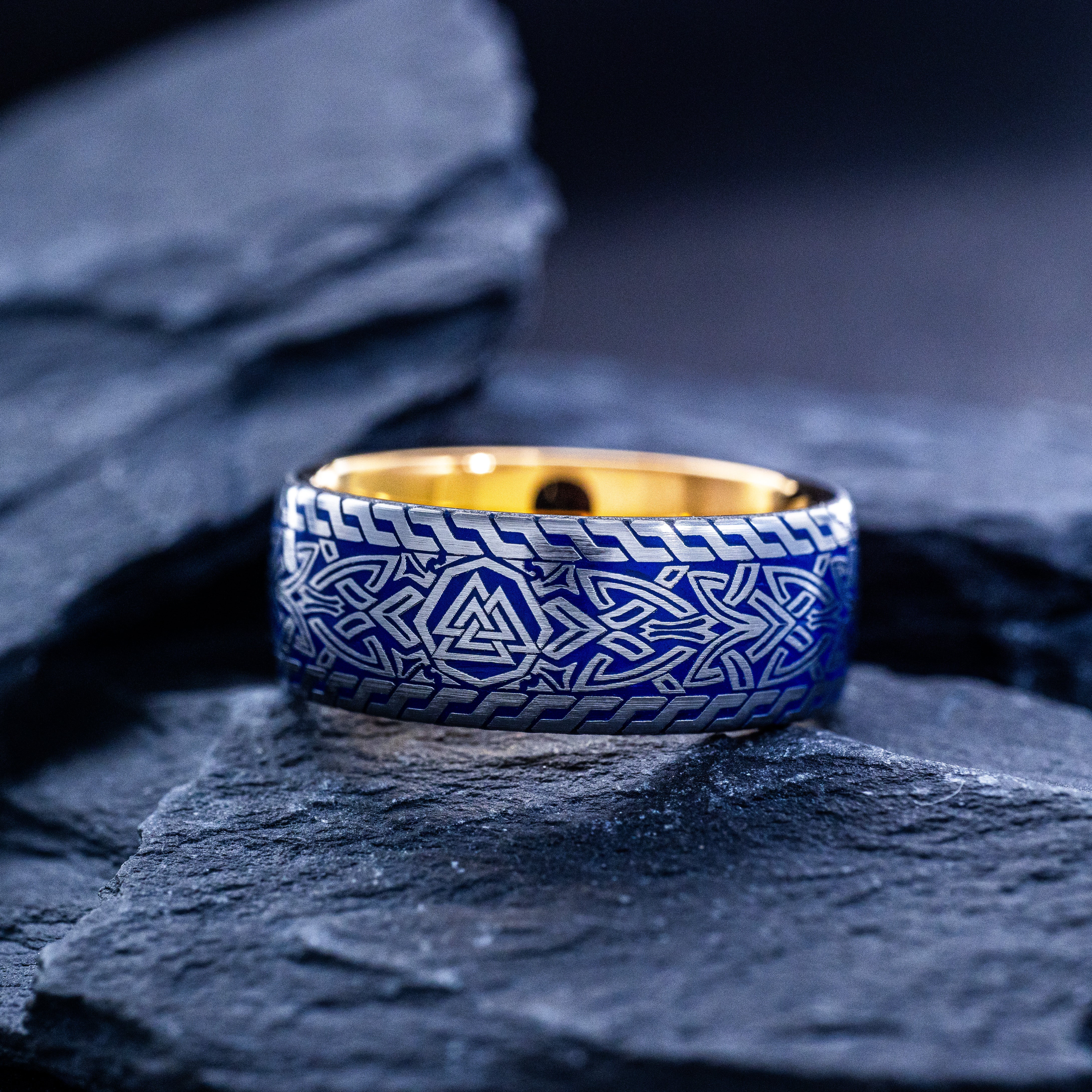 Viking Valknut Rune with Blue Enamel Ring, 9mm Rose Gold Plated Tungsten Carbide Band