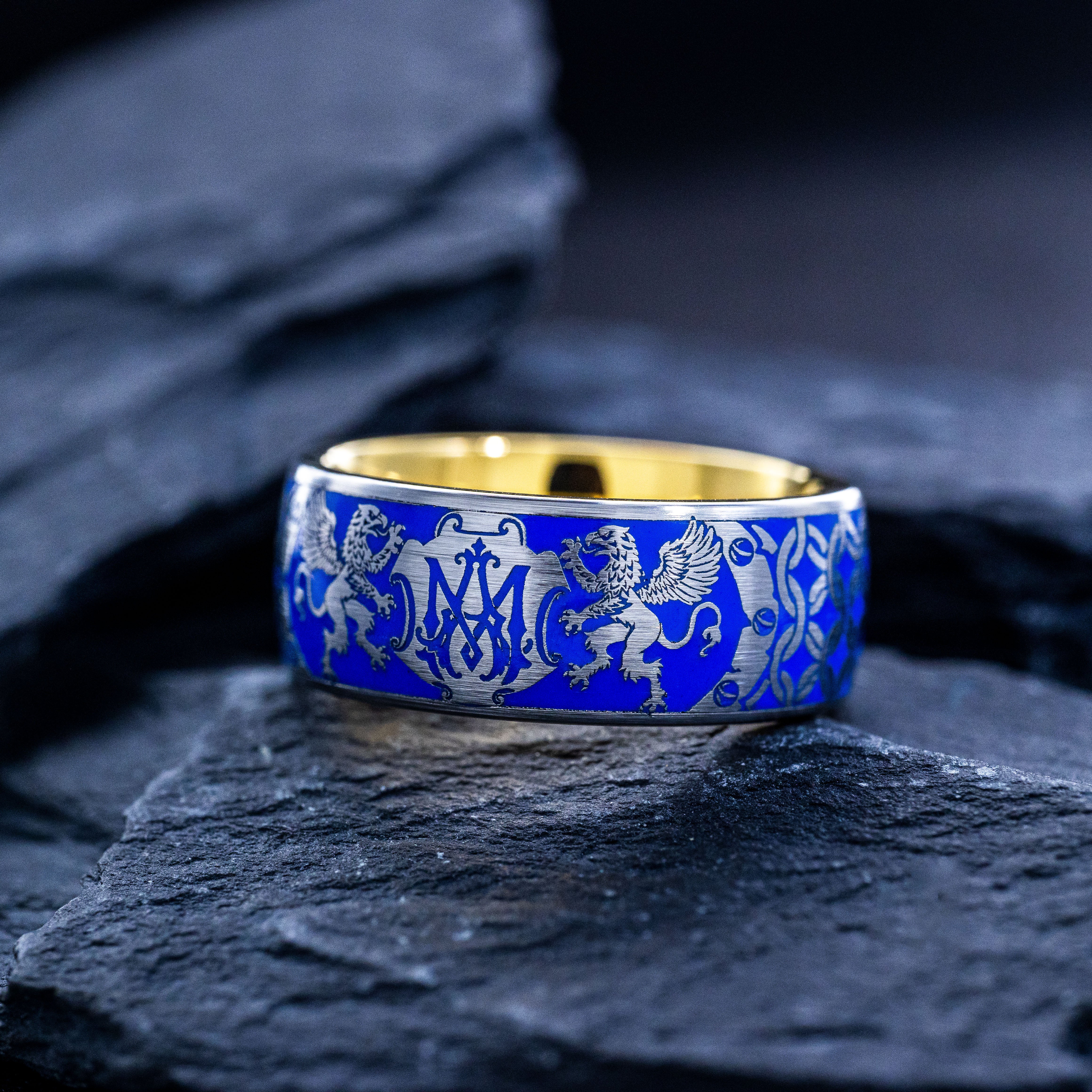 Personalized Monogram with Heraldic Medieval Griffins and Sky Blue Enamel Ring, 9mm Yellow Gold Plated Tungsten Carbide Band