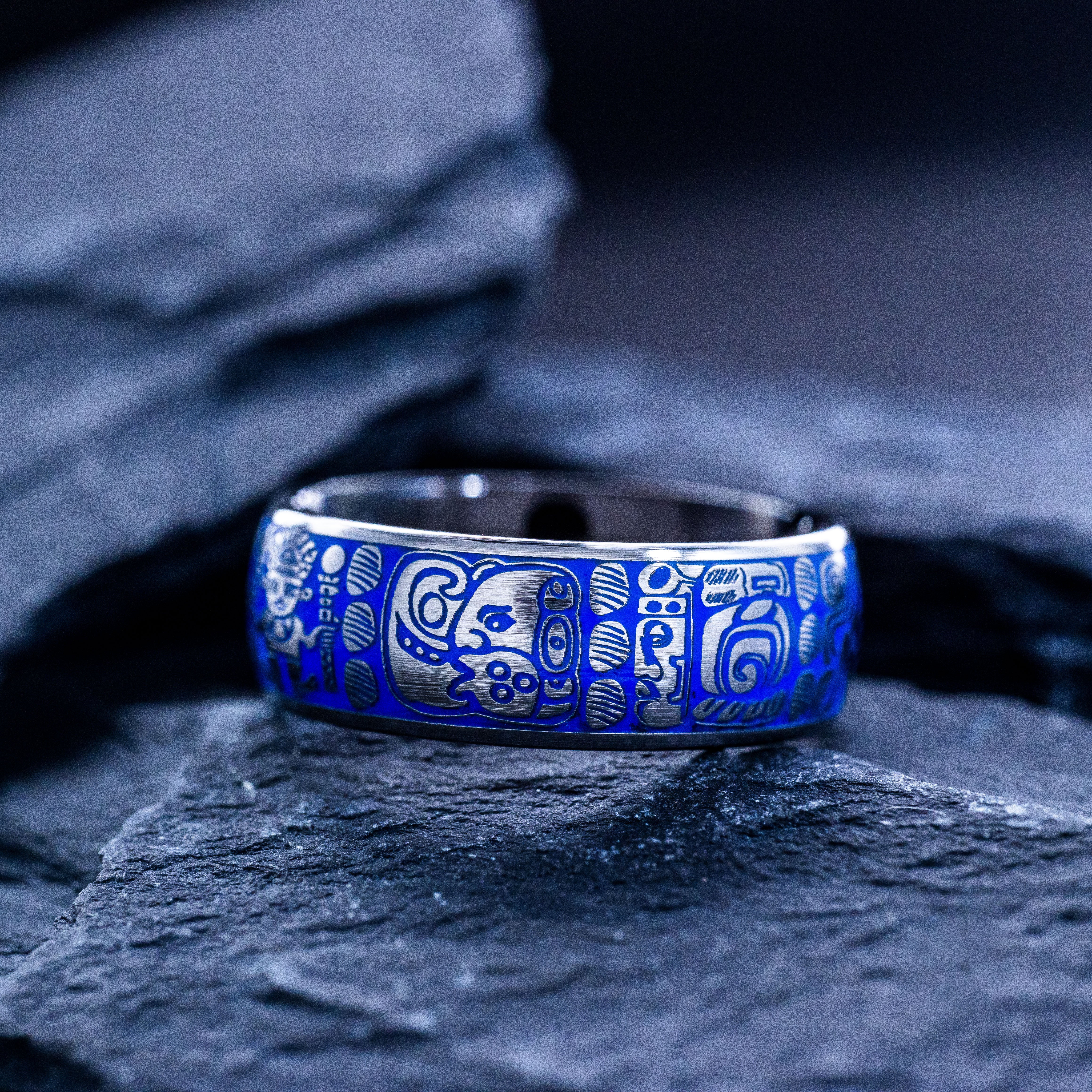 Blue Enamel Mayan Ring, 8mm Tungsten Carbide Ring