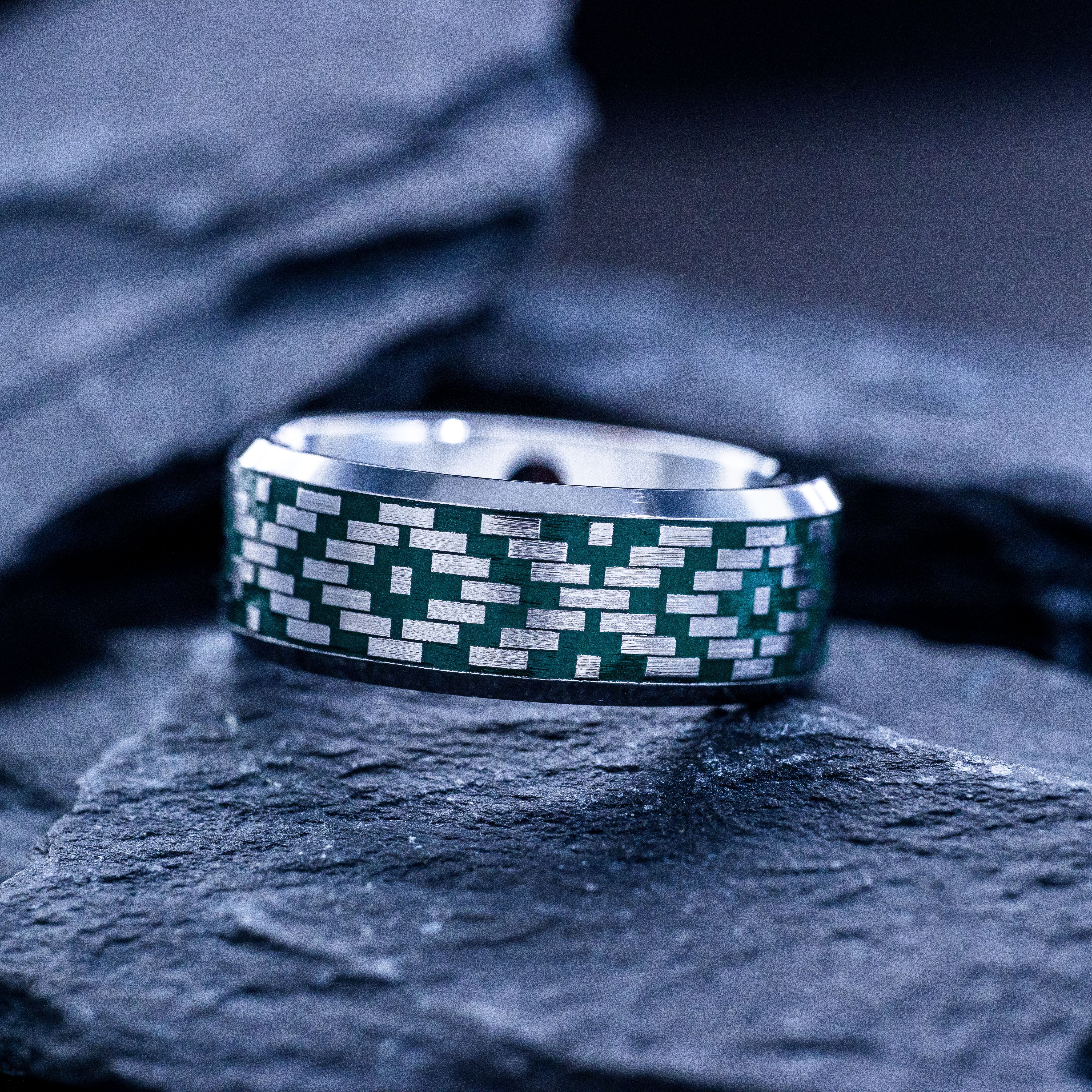 Dark Green Enamel New World Geometric Pattern Tungsten Carbide Ring, 8mm Engraved Tungsten Band