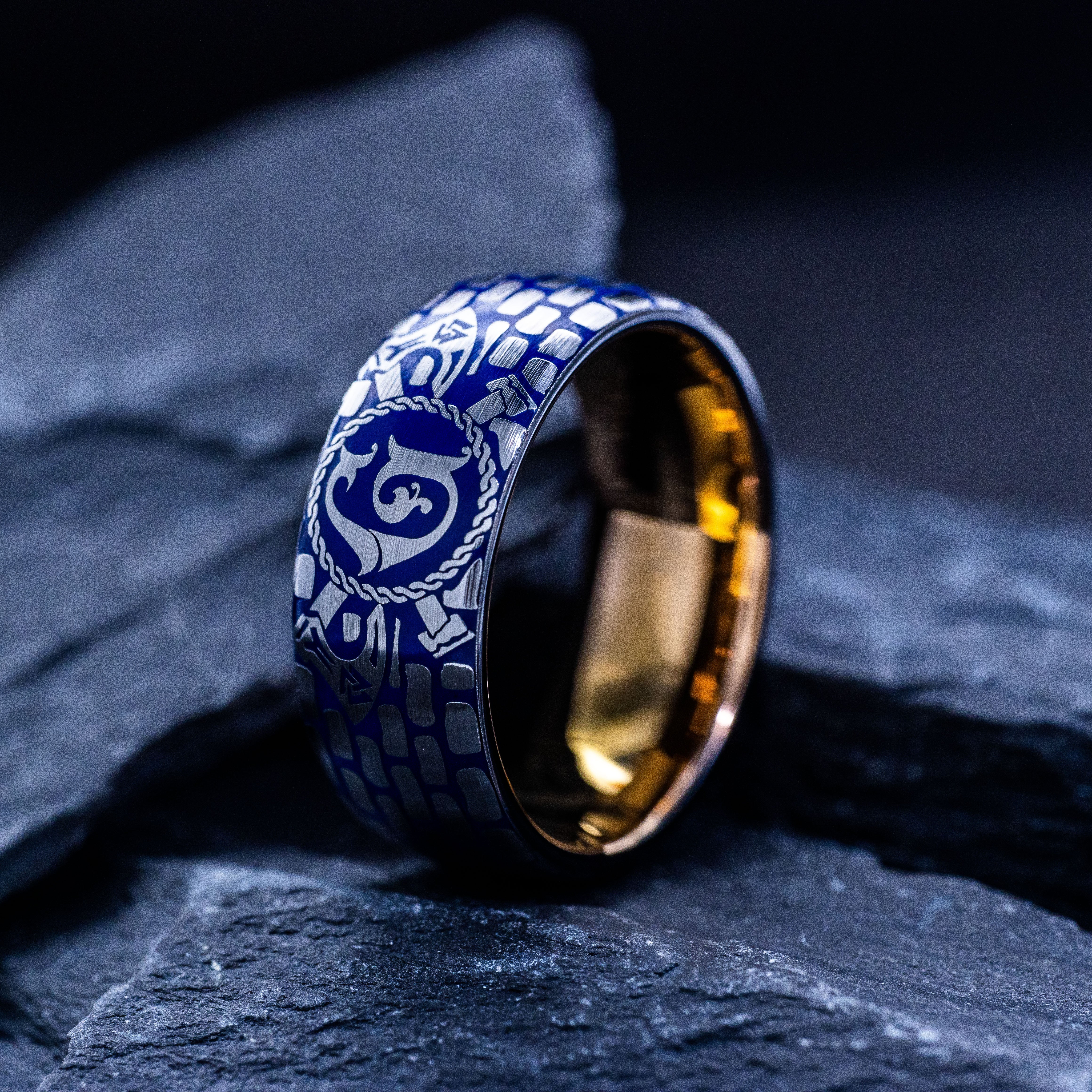 Viking Norse Battle Ring with Personalized Initial and Blue Enamel Ring, 9mm Rose Gold Plated Tungsten Carbide Band