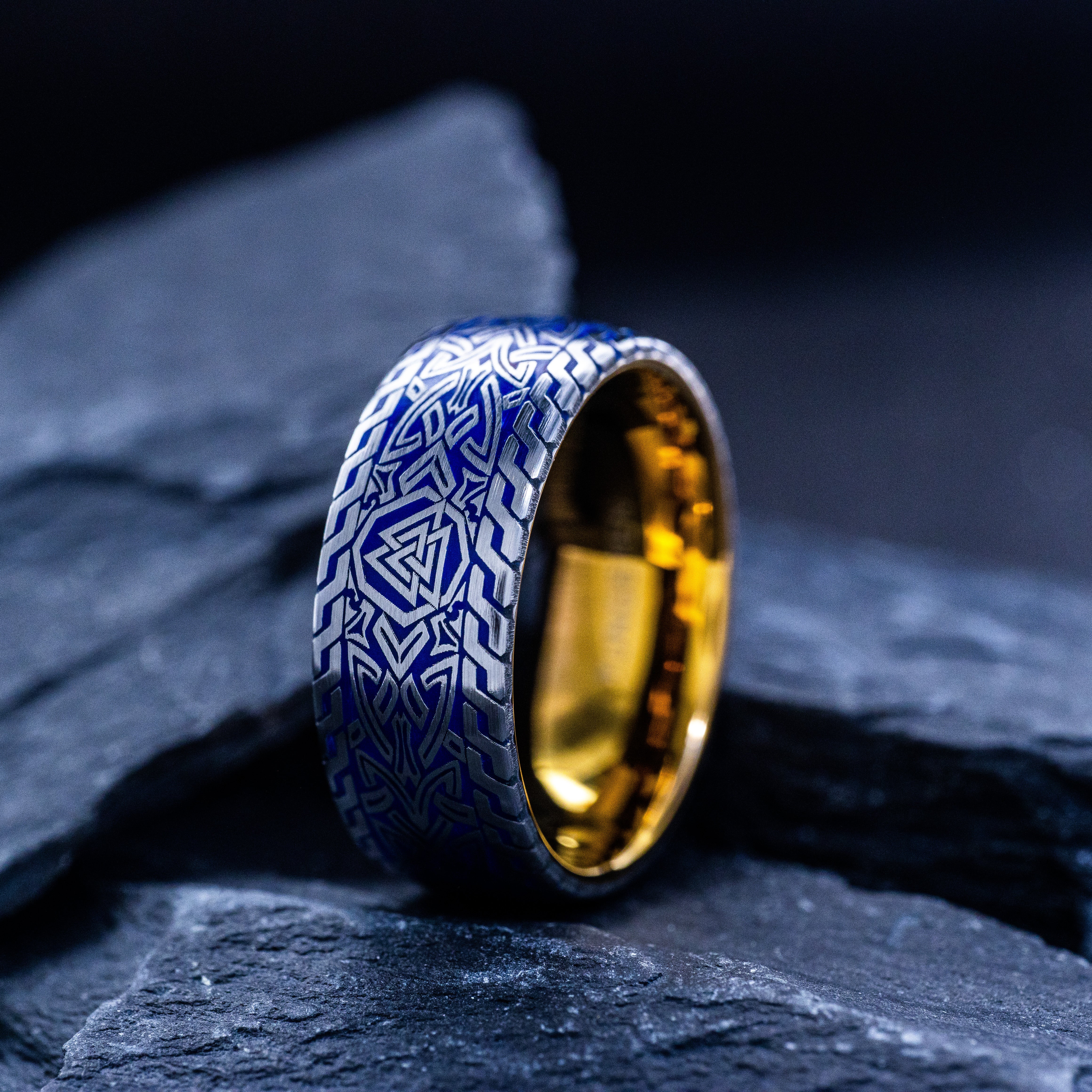 Viking Valknut Rune with Blue Enamel Ring, 9mm Rose Gold Plated Tungsten Carbide Band