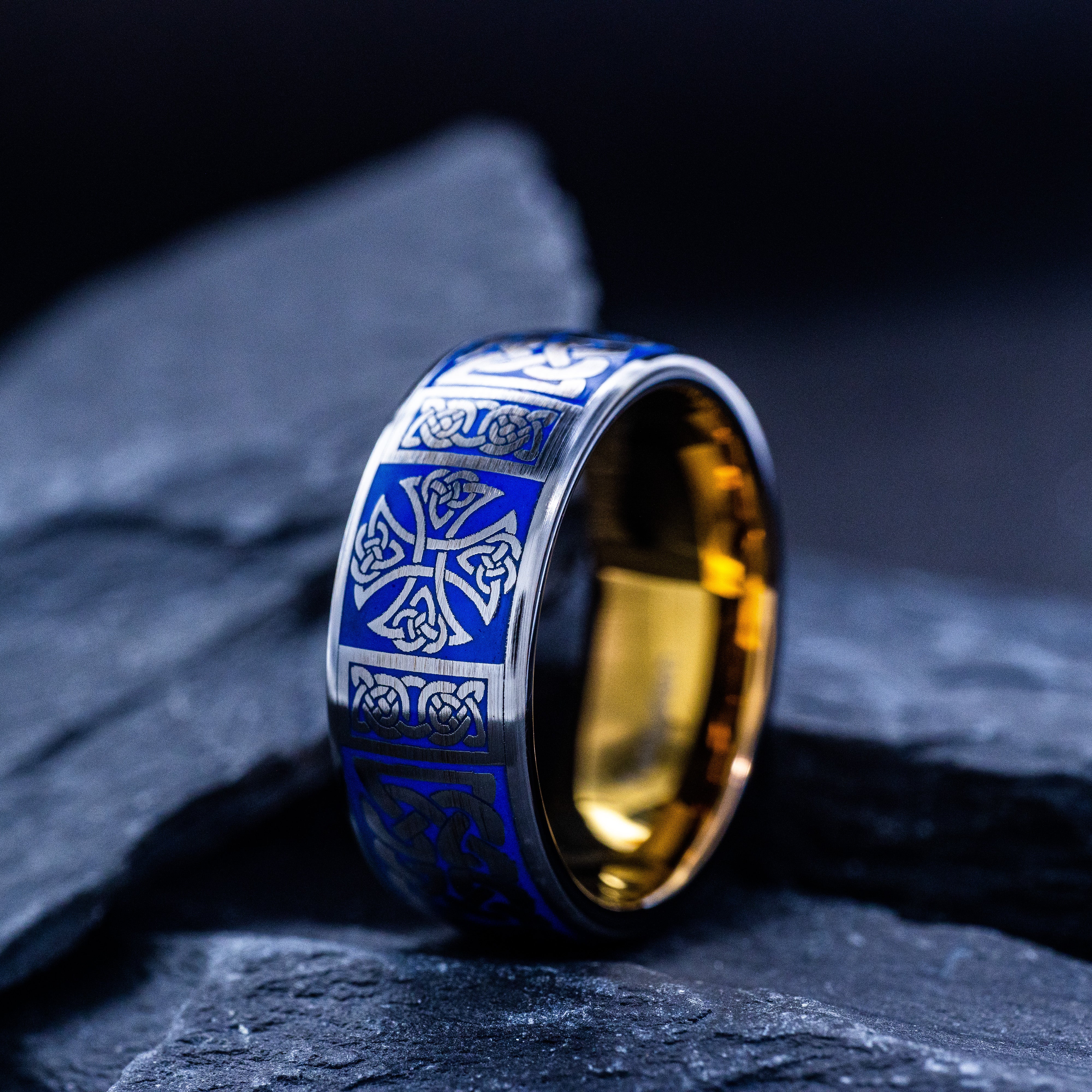 Celtic Cross and Knot Blue Enamel Tungsten Carbide Ring, 9mm Rose Gold Plated Band