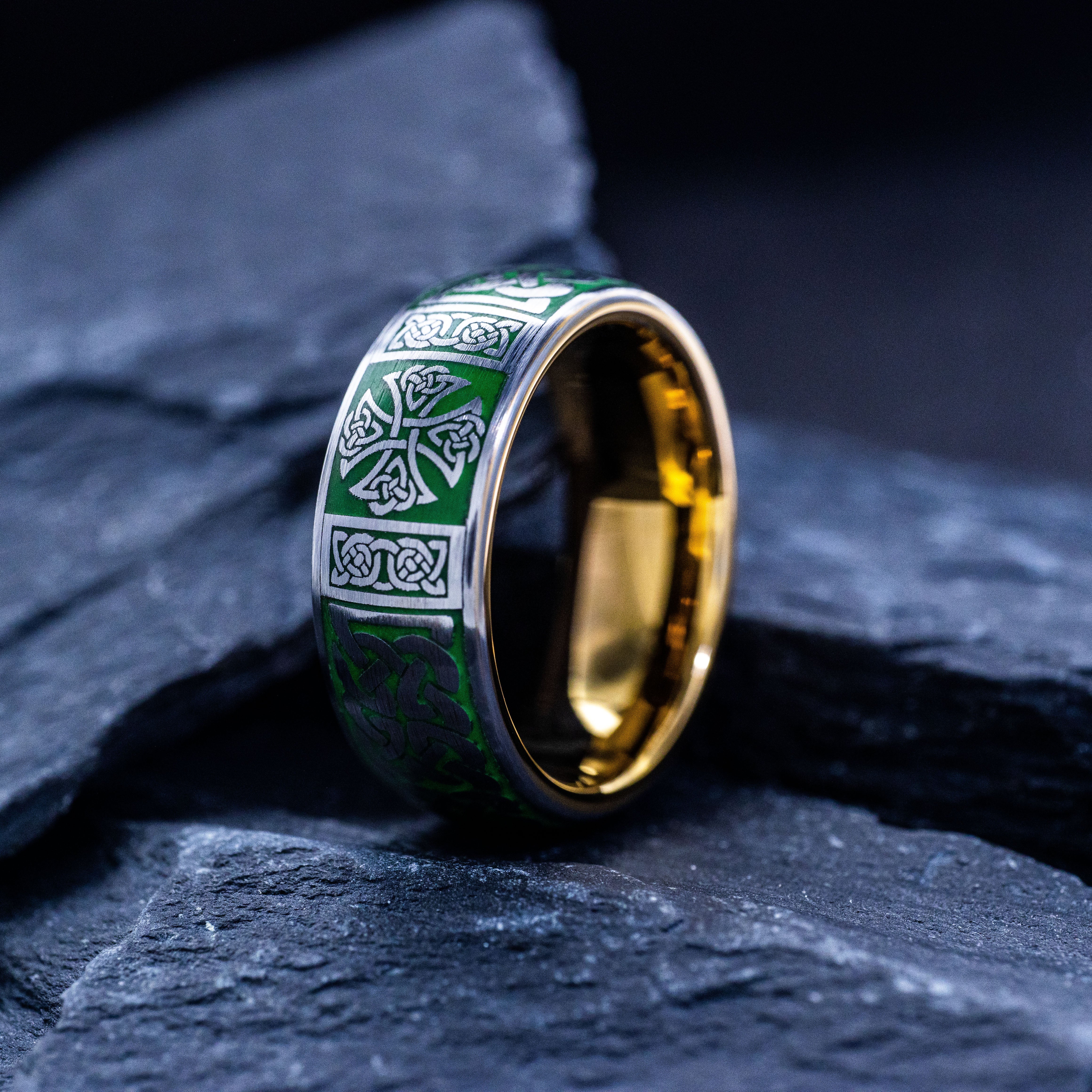 Green Enamel Celtic Cross and Knot Tungsten Ring, 8mm Rose Gold Plated Band