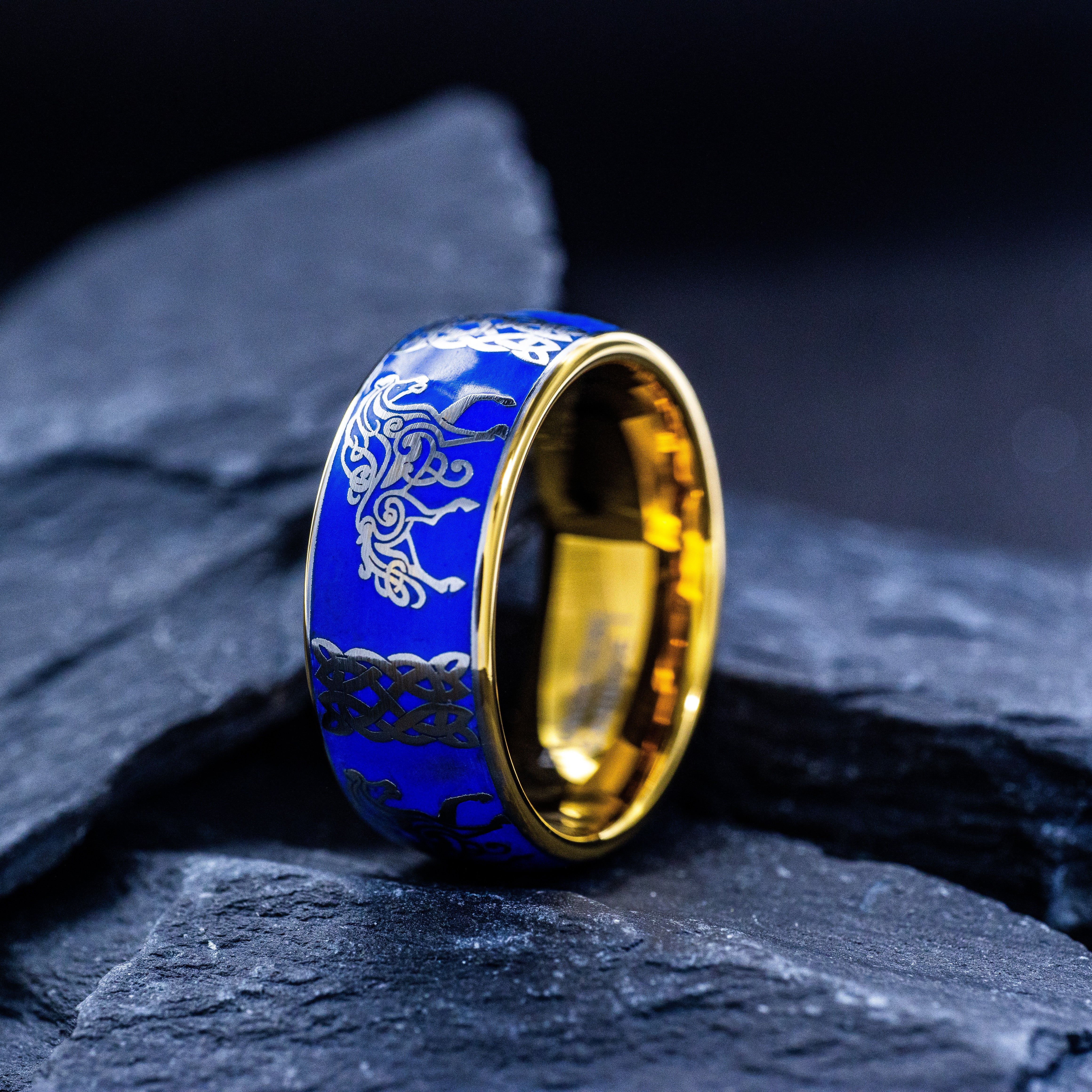 Galloping Horse and Celtic Knot with Blue Enamel Tungsten Carbide Ring, 9mm Yellow Gold Plated Band
