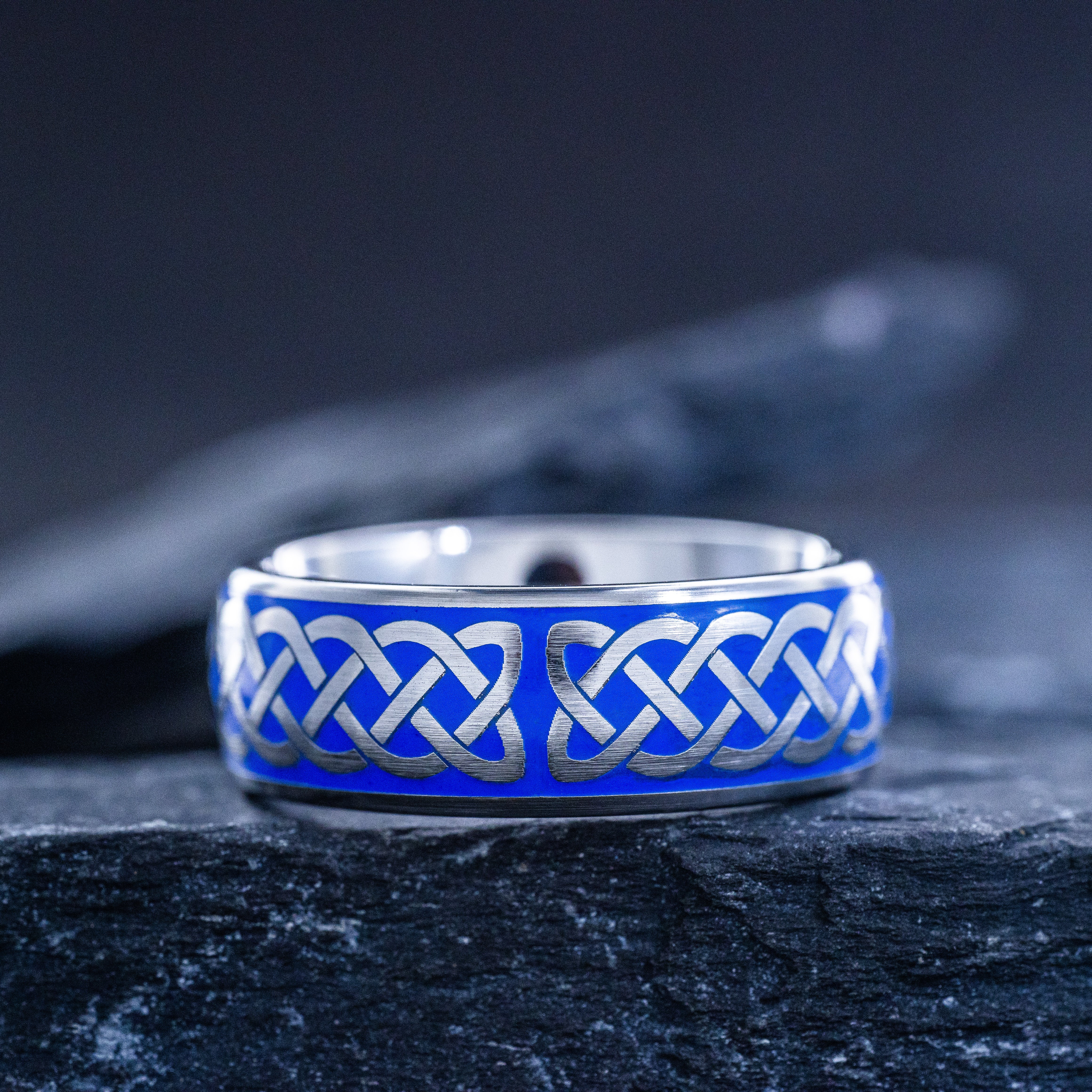 Blue Enamel Tree of Life Ring, 8mm Tungsten Band with Celtic Knot