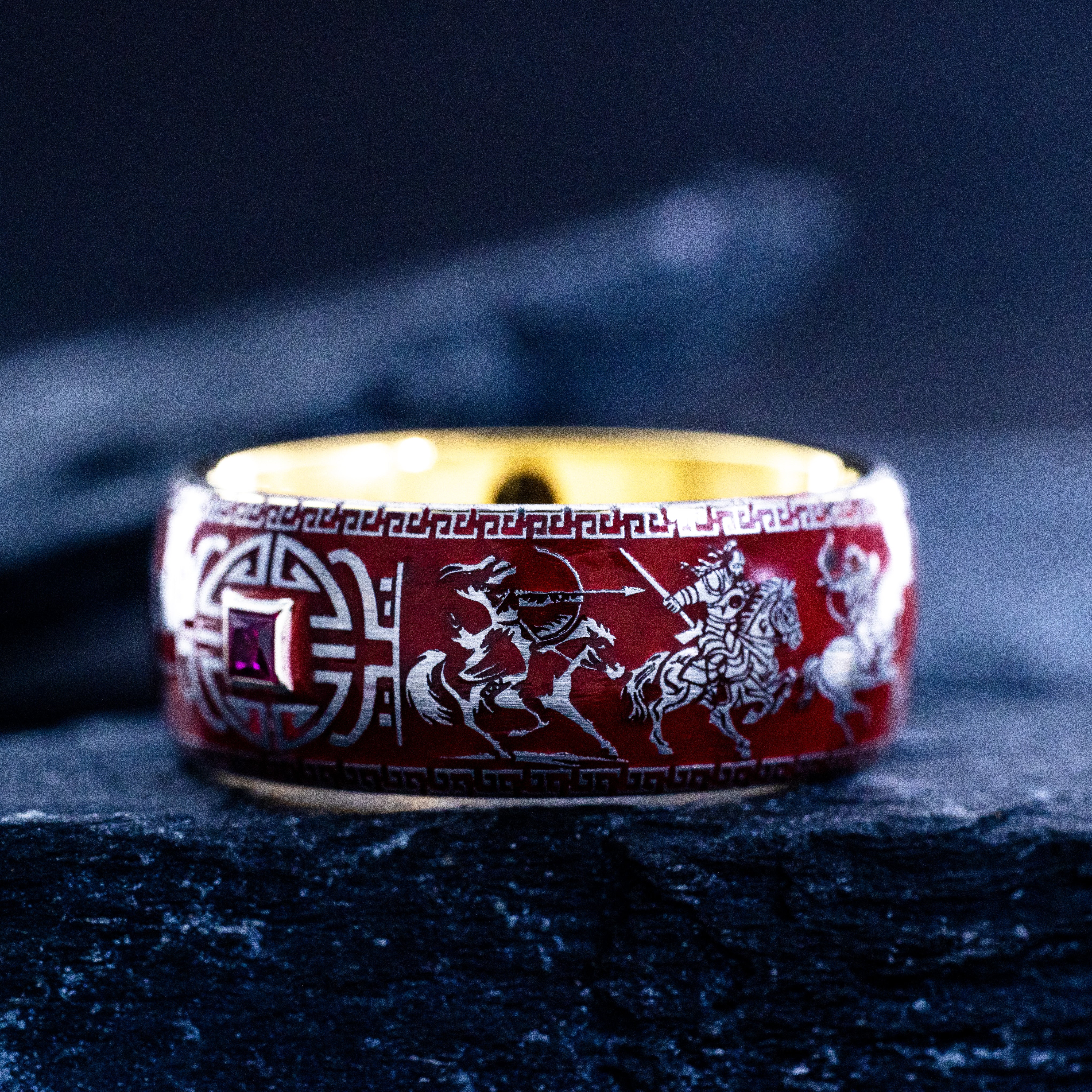 Red Enamel Mongol Warrior Ring, 9mm Rose Gold Plated Band with Gemstone