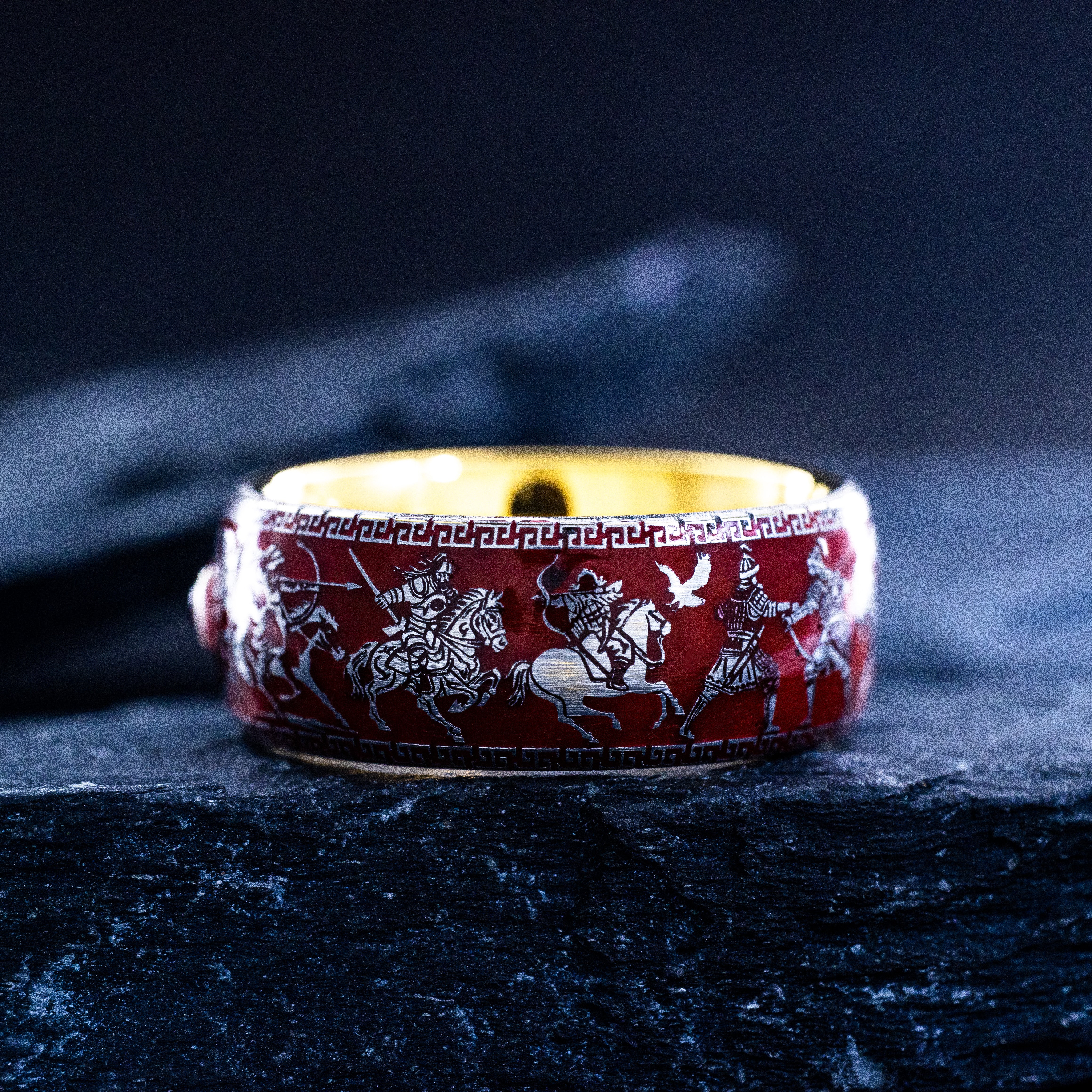 Red Enamel Mongol Warrior Ring, 9mm Rose Gold Plated Band with Gemstone