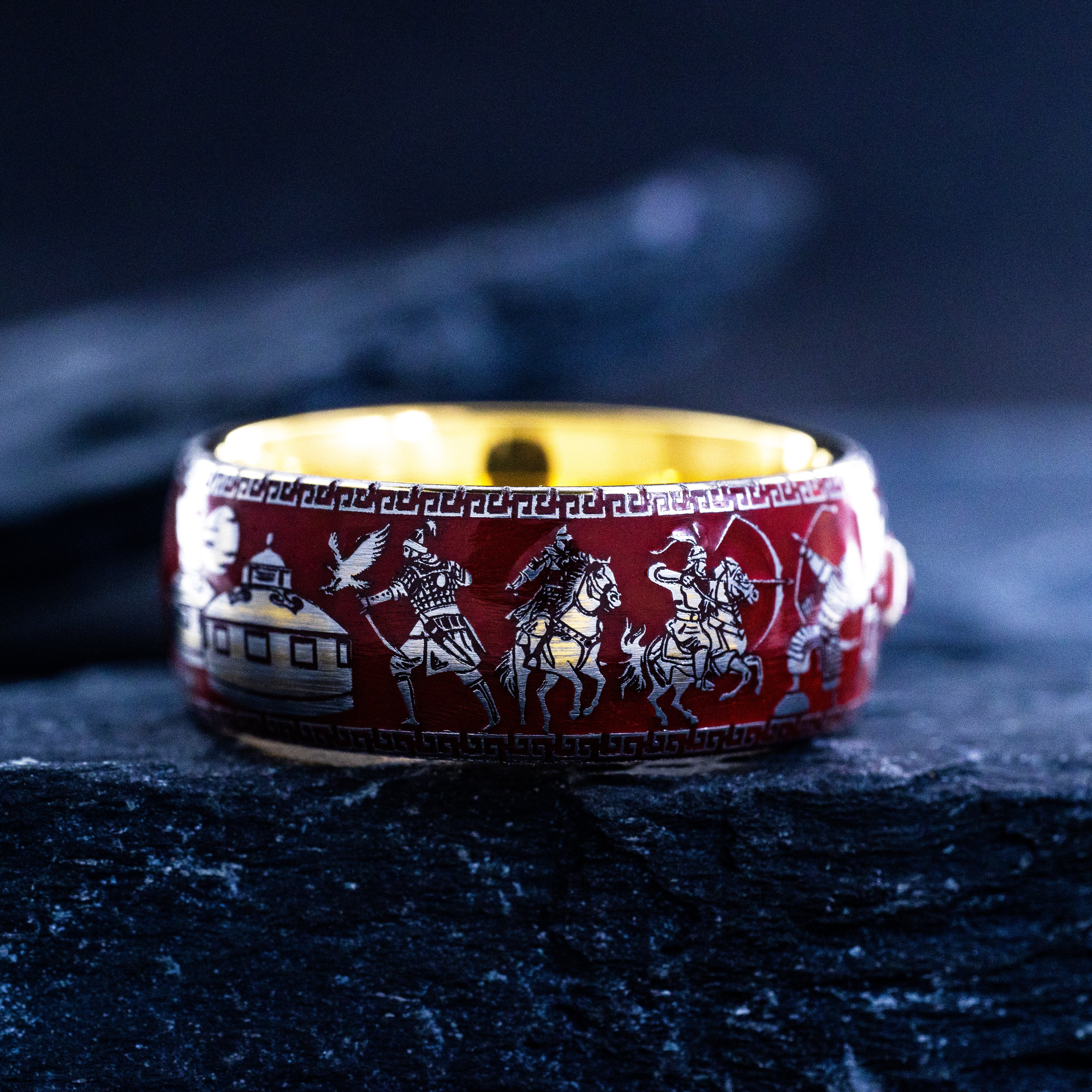 Red Enamel Mongol Warrior Ring, 9mm Rose Gold Plated Band with Gemstone