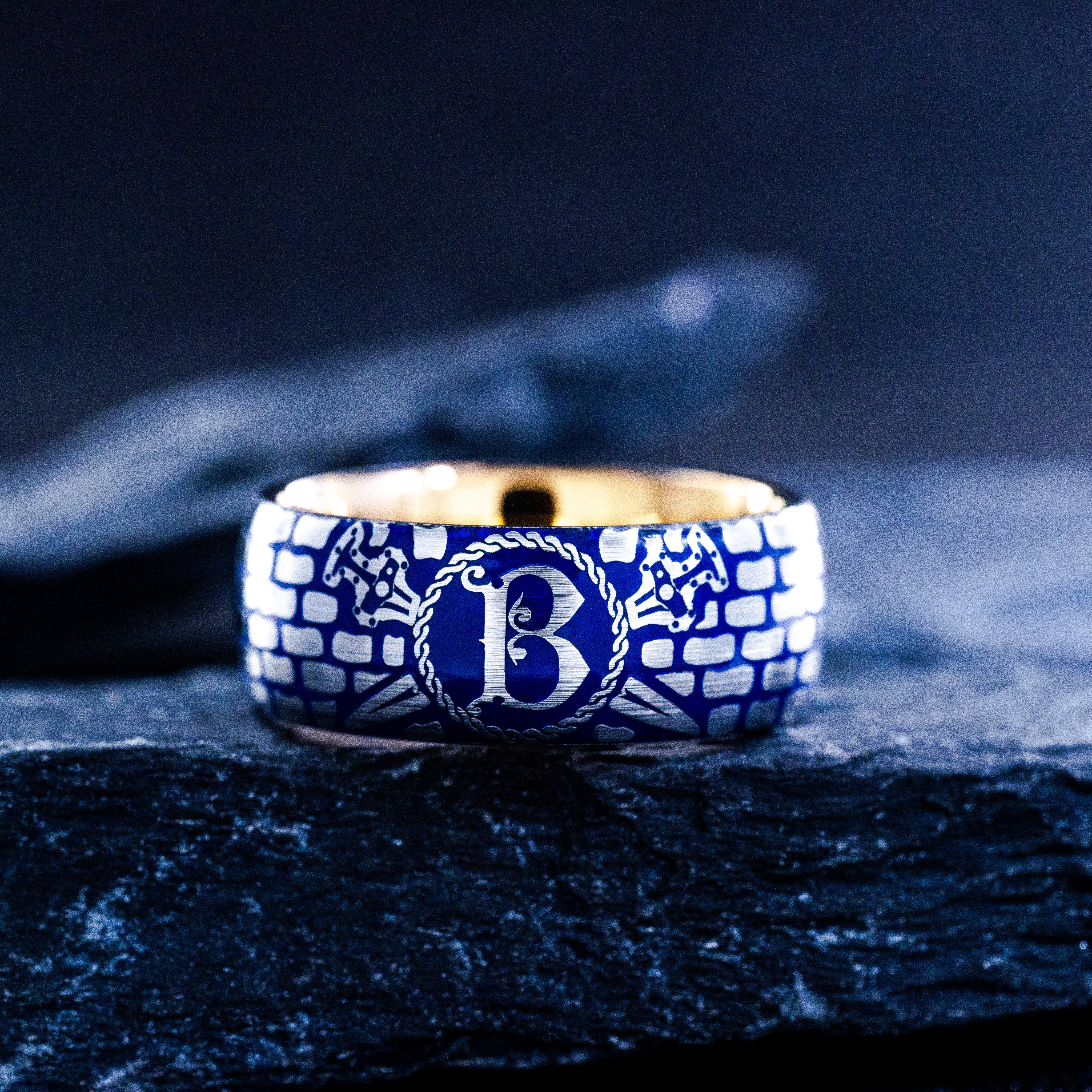 Viking Norse Battle Ring with Personalized Initial and Blue Enamel Ring, 9mm Rose Gold Plated Tungsten Carbide Band