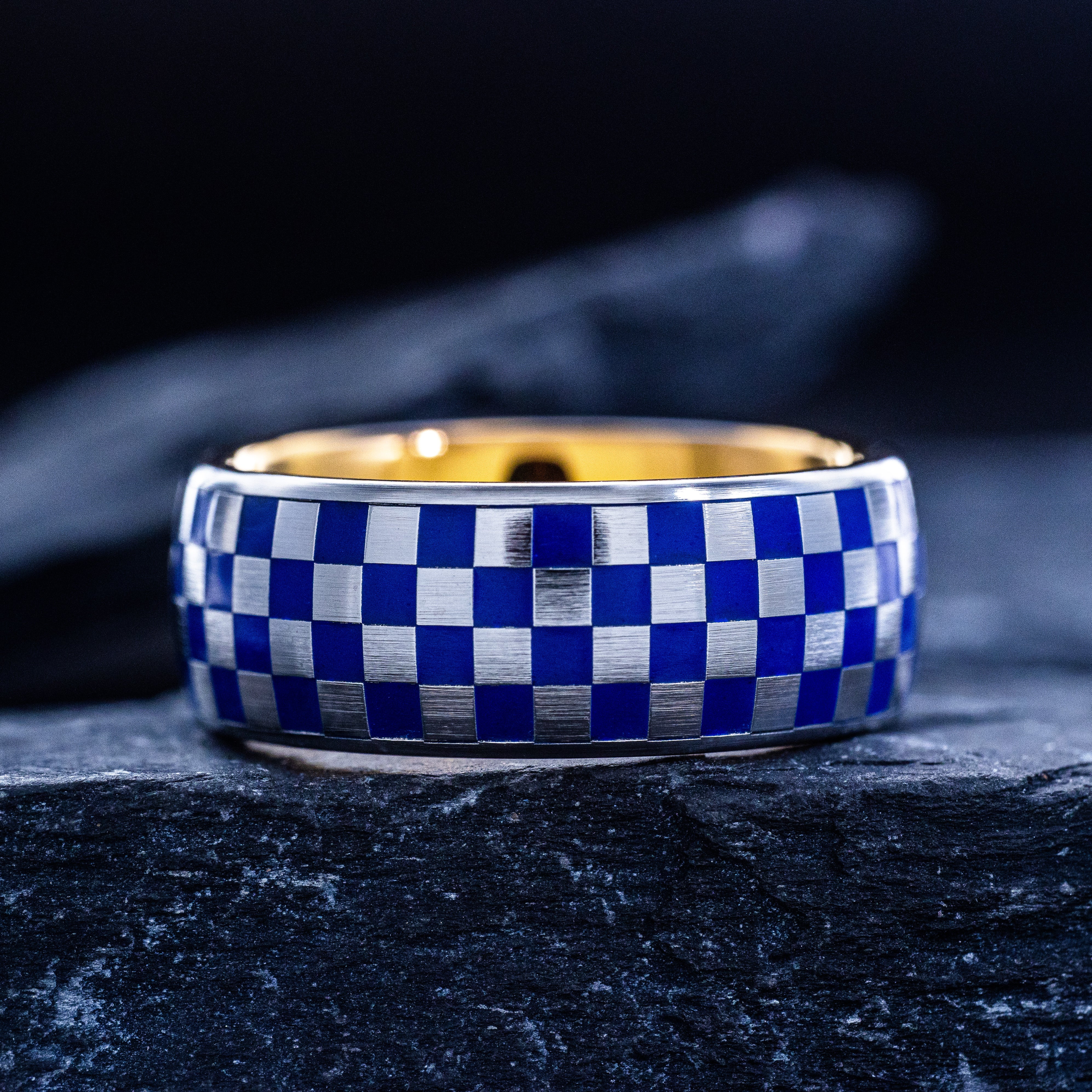 Masonic Blue Enamel Ring with Checkerboard Pattern, 9mm Rose Gold Plated Tungsten Carbide Band