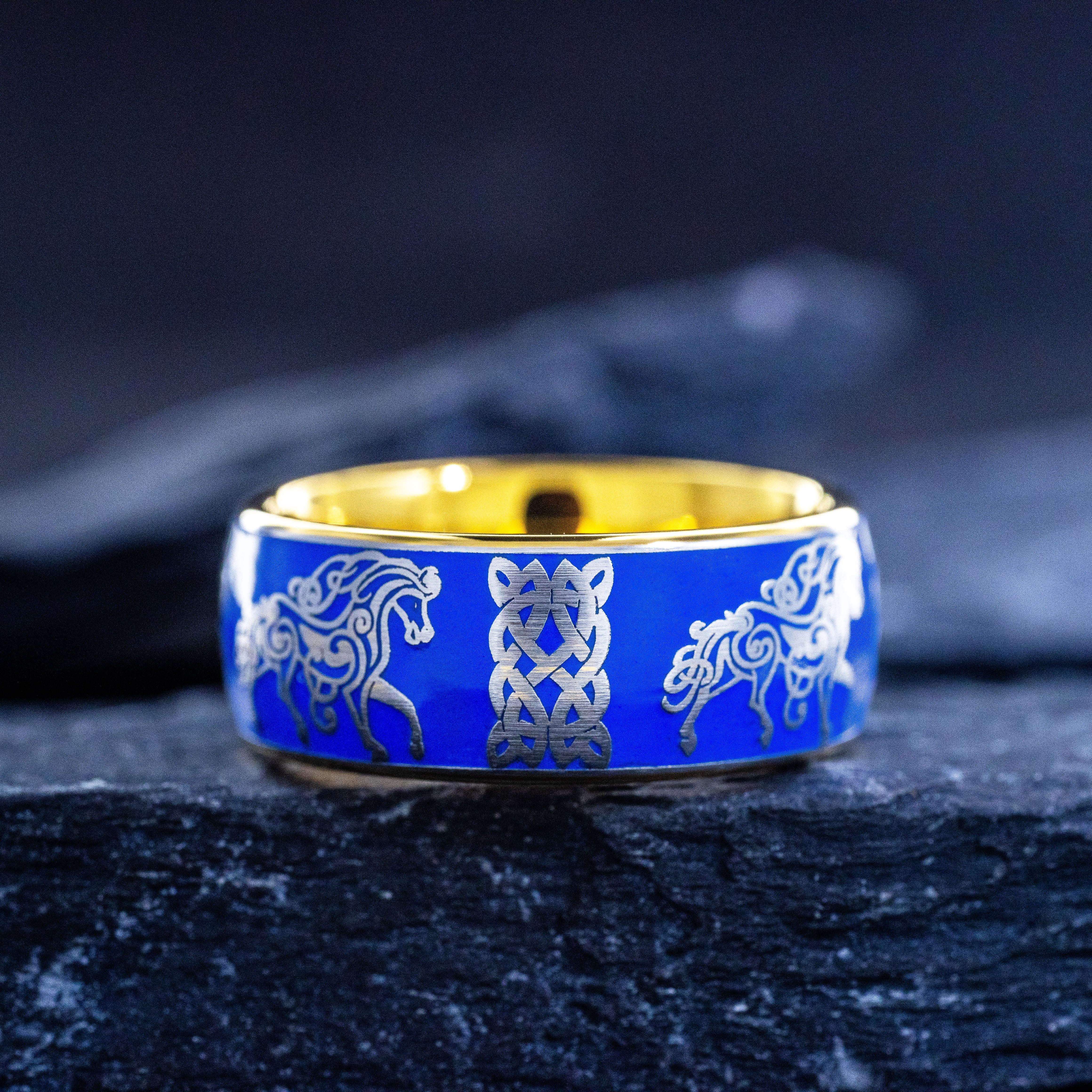 Galloping Horse and Celtic Knot with Blue Enamel Tungsten Carbide Ring, 9mm Yellow Gold Plated Band