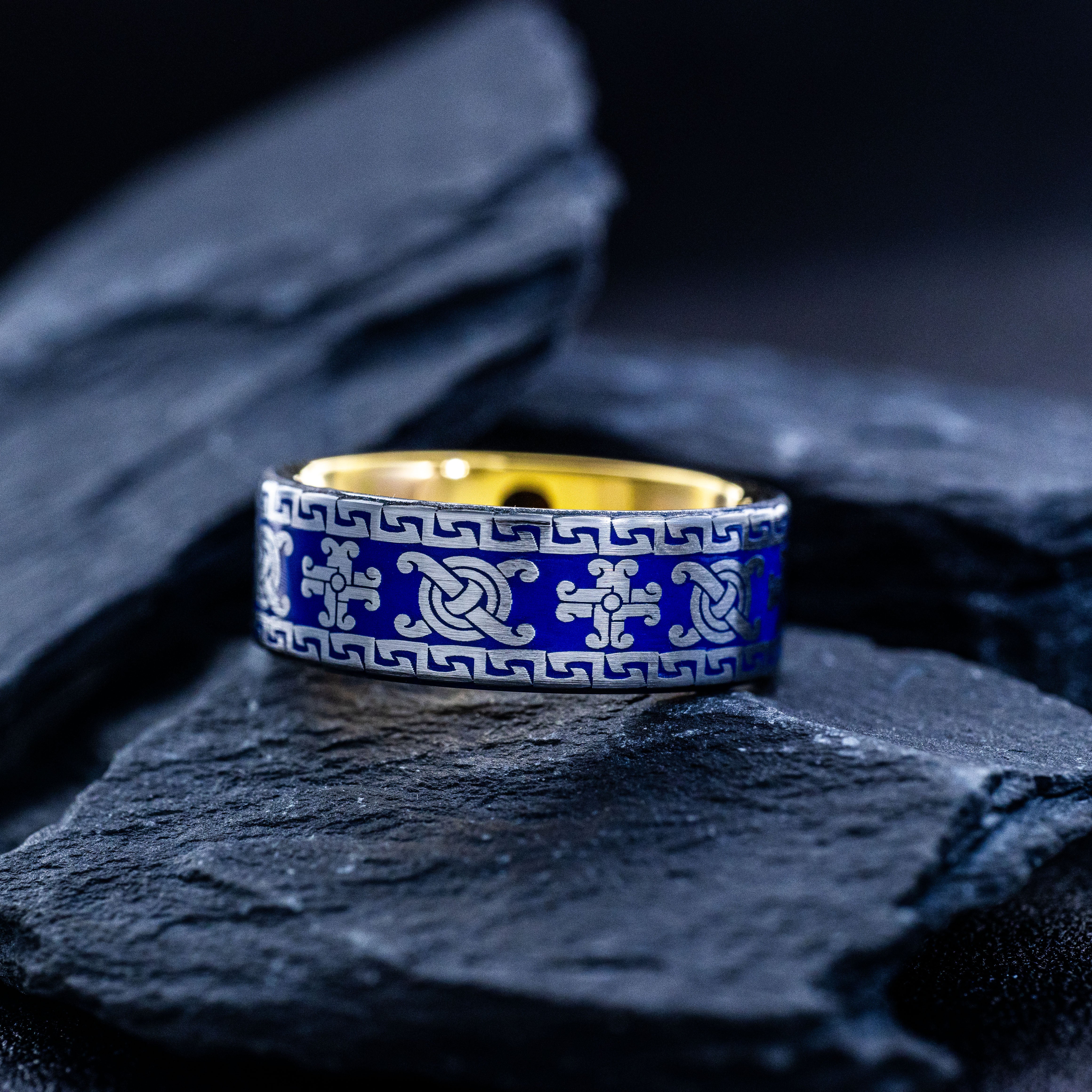 Royal Blue Enamel New World Pattern Tungsten Carbide Ring, 8mm Gold Plated Tungsten Band