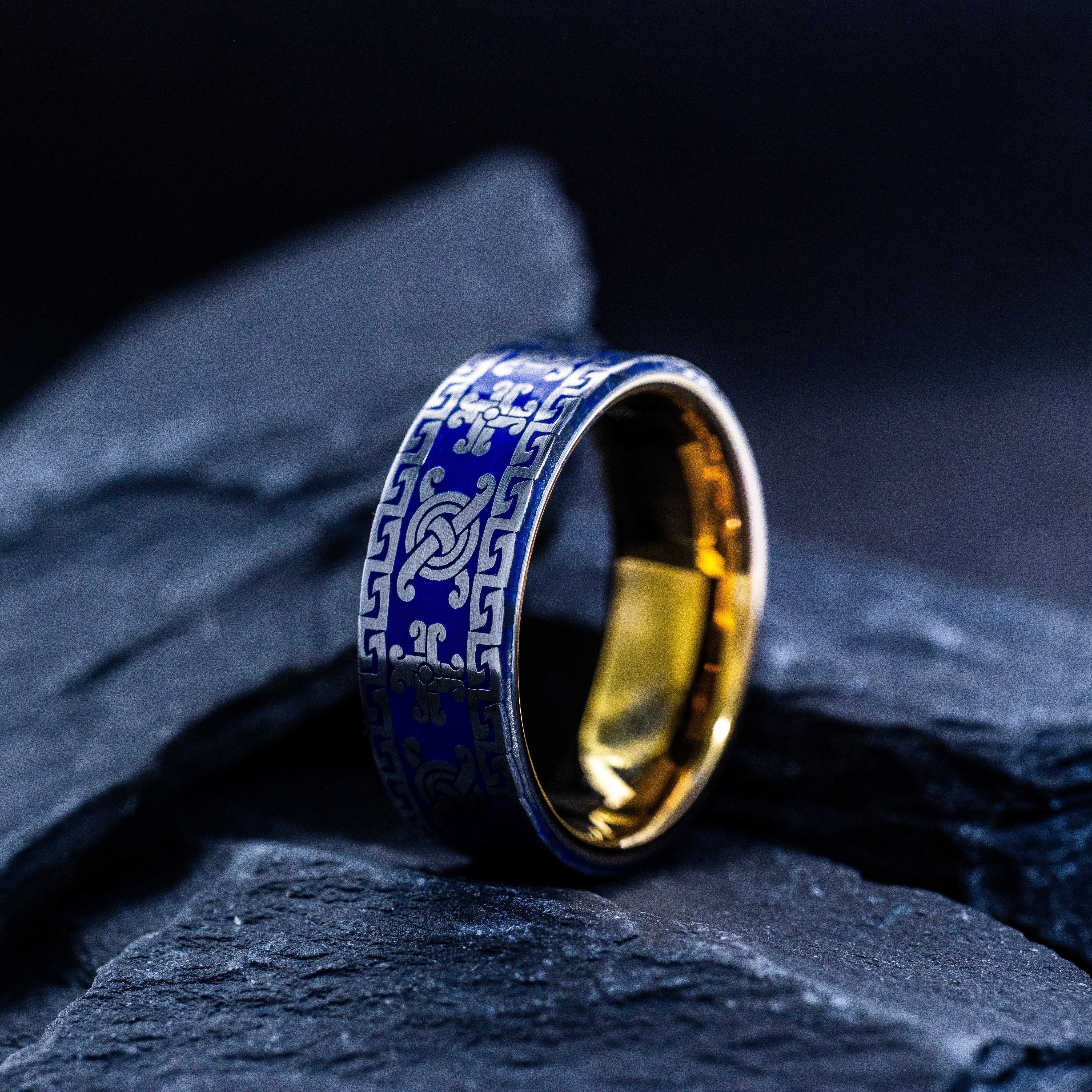 Royal Blue Enamel New World Pattern Tungsten Carbide Ring, 8mm Gold Plated Tungsten Band
