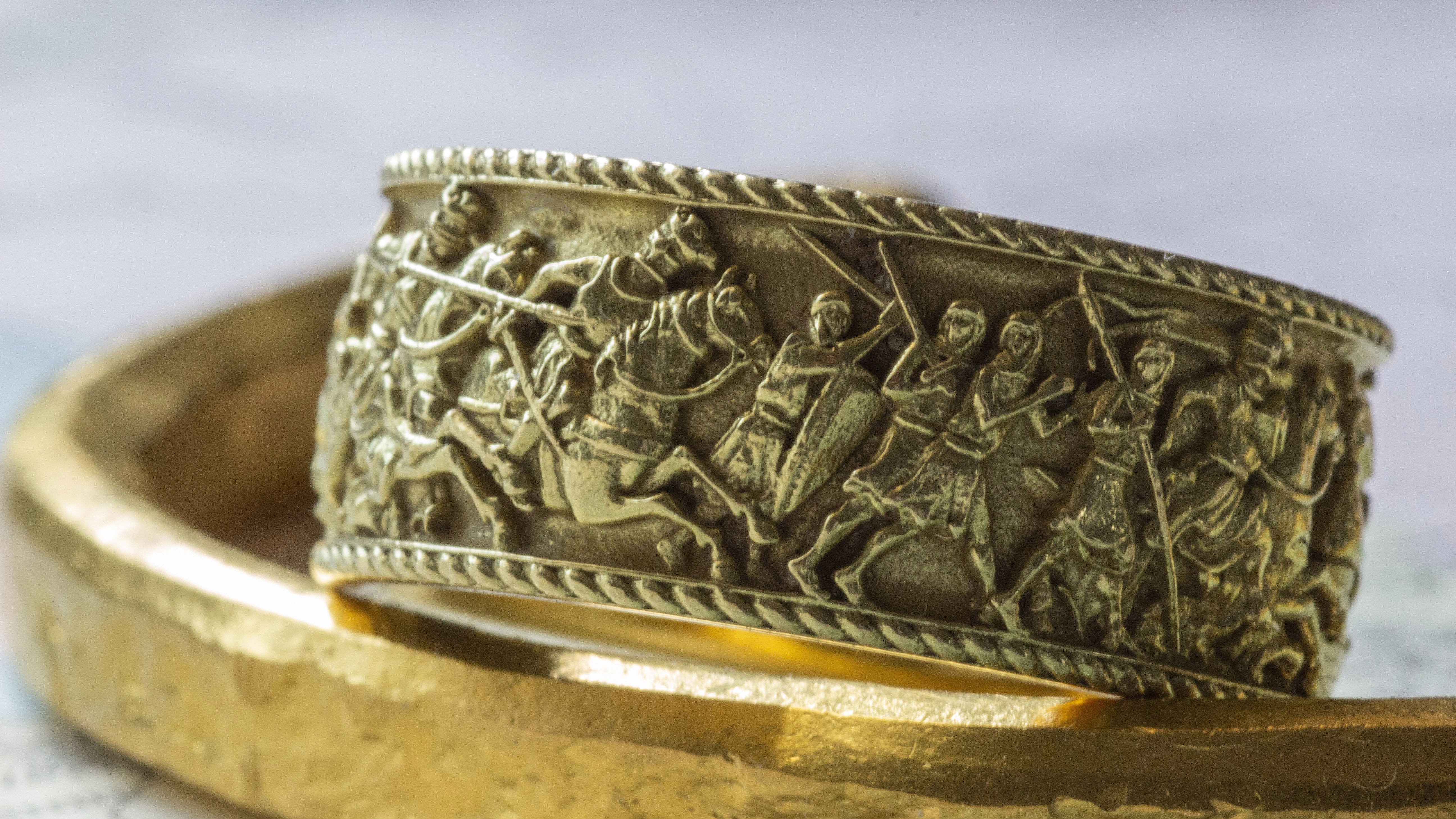 10mm Custom Made, Dome Shaped, Solid Yellow Gold Ring with Medieval Battlefield Depiction