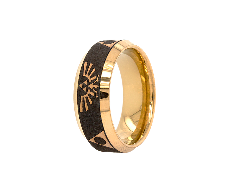 8mm Custom Made Tungsten Ring with Matte Black Plated Exterior, Polished Gold Plated Interior and Zelda Inspired Engraving