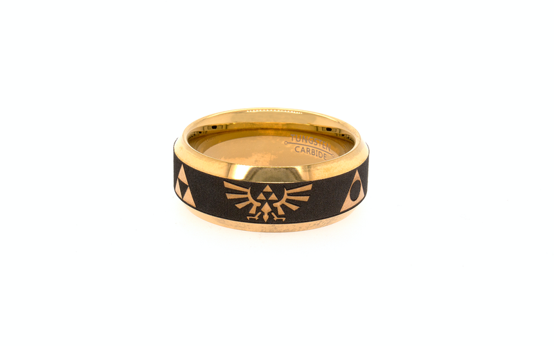 8mm Custom Made Tungsten Ring with Matte Black Plated Exterior, Polished Gold Plated Interior and Zelda Inspired Engraving