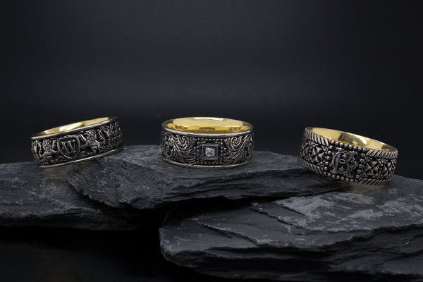 rings, rings on grey rocks, silver rings, 3 rings, engraved rings, personalized rings, wedding bands, mens silver rings, oxidized silver ring, ring with gold plating