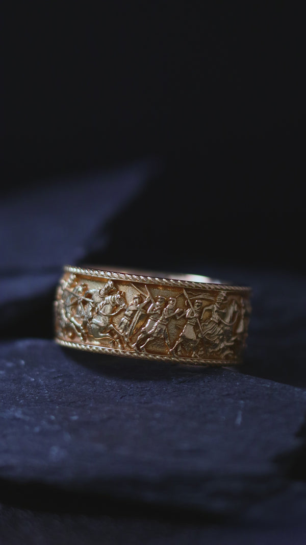 10mm Custom Made, Dome Shaped, Solid Yellow Gold Ring with Medieval Battlefield Depiction