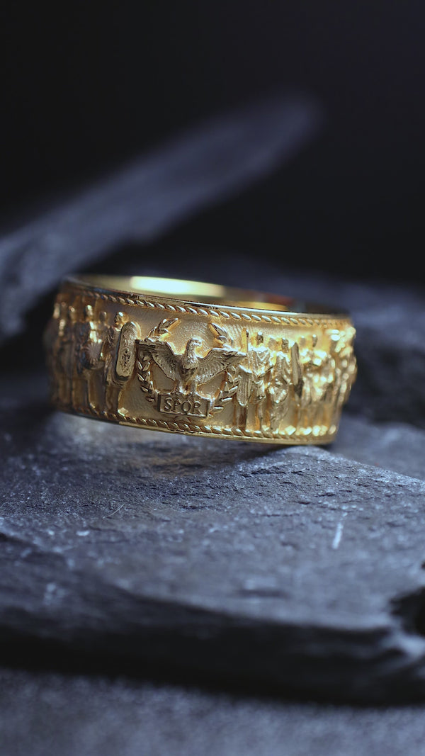 Solid 14k and 18k Yellow Gold Ring with Roman Emperor Caracalla's Relief and Capitoline Wolf