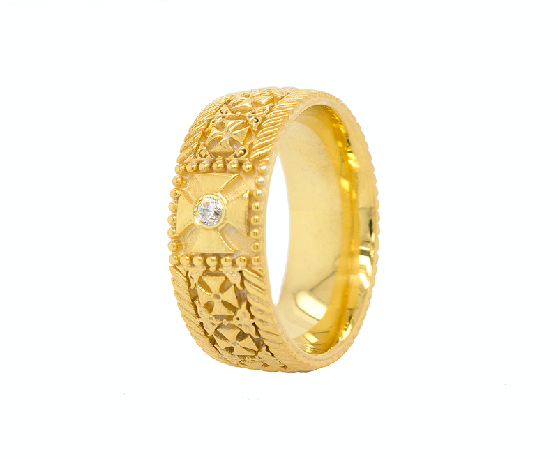 8mm, Custom Made, Solid Yellow Gold Ring with Crosses and Round Shaped Diamond