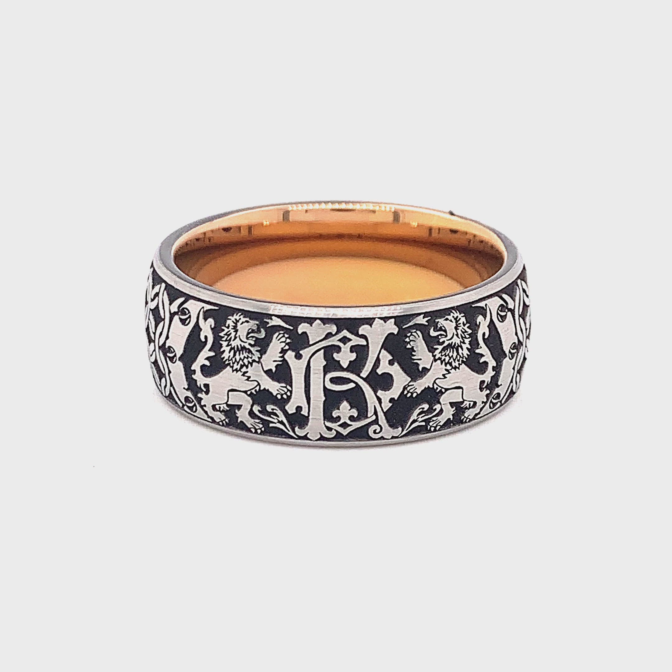 ring, ring on white background, mens wedding band, tungsten ring, rose gold plated ring, medieval ring, ring with engravings, engraved wedding band, engraved tungsten ring, ring with lions, lion ring, personalized ring, custom made ring  Edit alt text