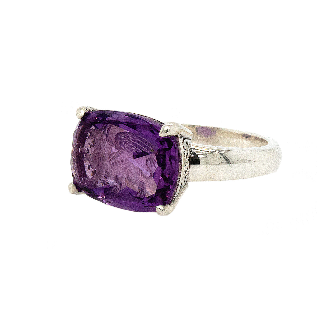 Hand Carved Amethyst Intaglio Ring Depicting Griffin