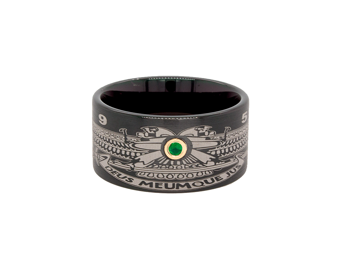 ring, ring on white background, black tungsten, black plated tungsten ring, custom ring, engraved ring, emerald ring, pipe cut ring, ring with emerald, gemstone wedding band, masonic ring, ring with masonic symbols, mason ring